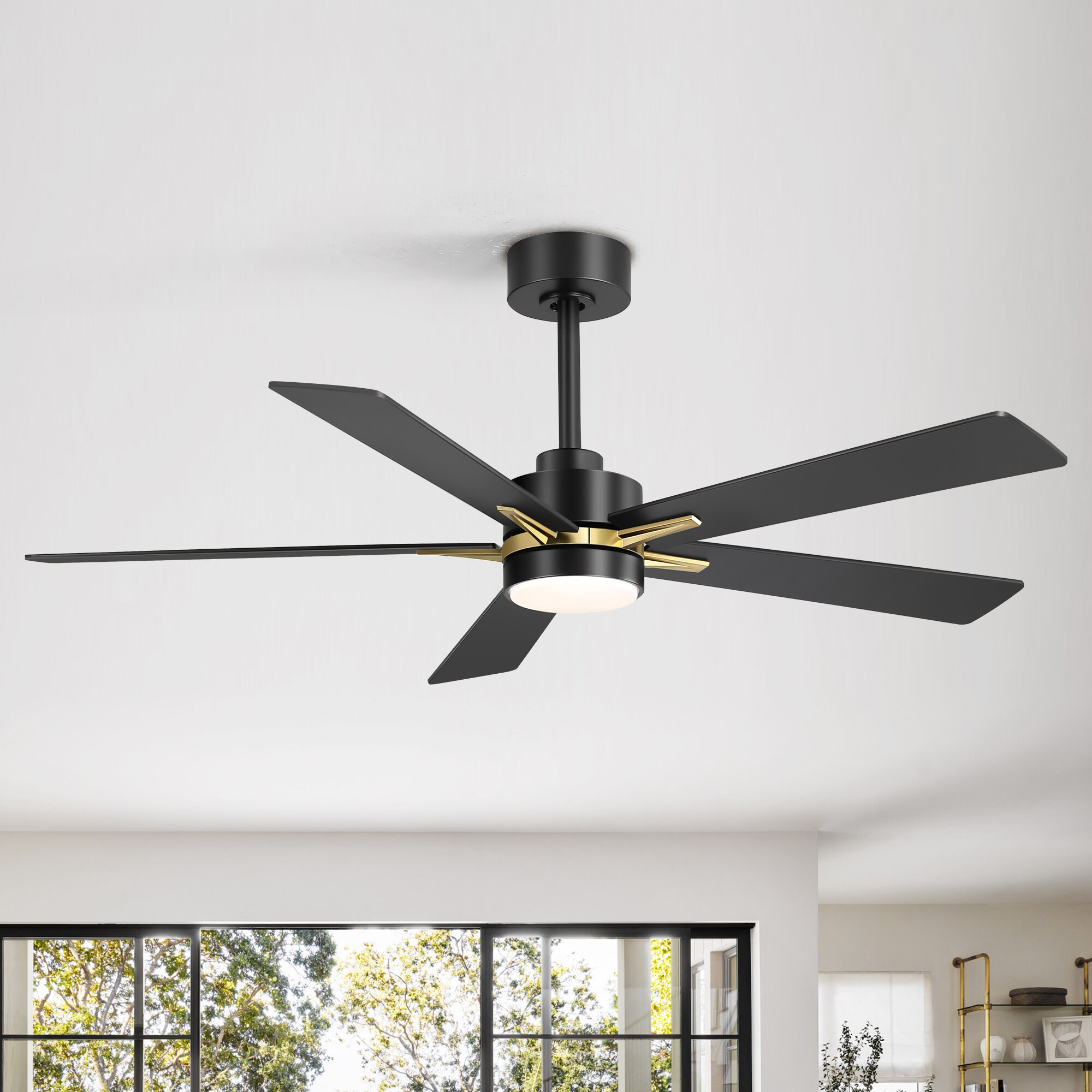 Breezary 24042-BG 52-in Color-Changing Integrated LED Matte Black and Gold with Matte Black Blades Ceiling Fan With Light - Remote Included ( 5 -Blade )