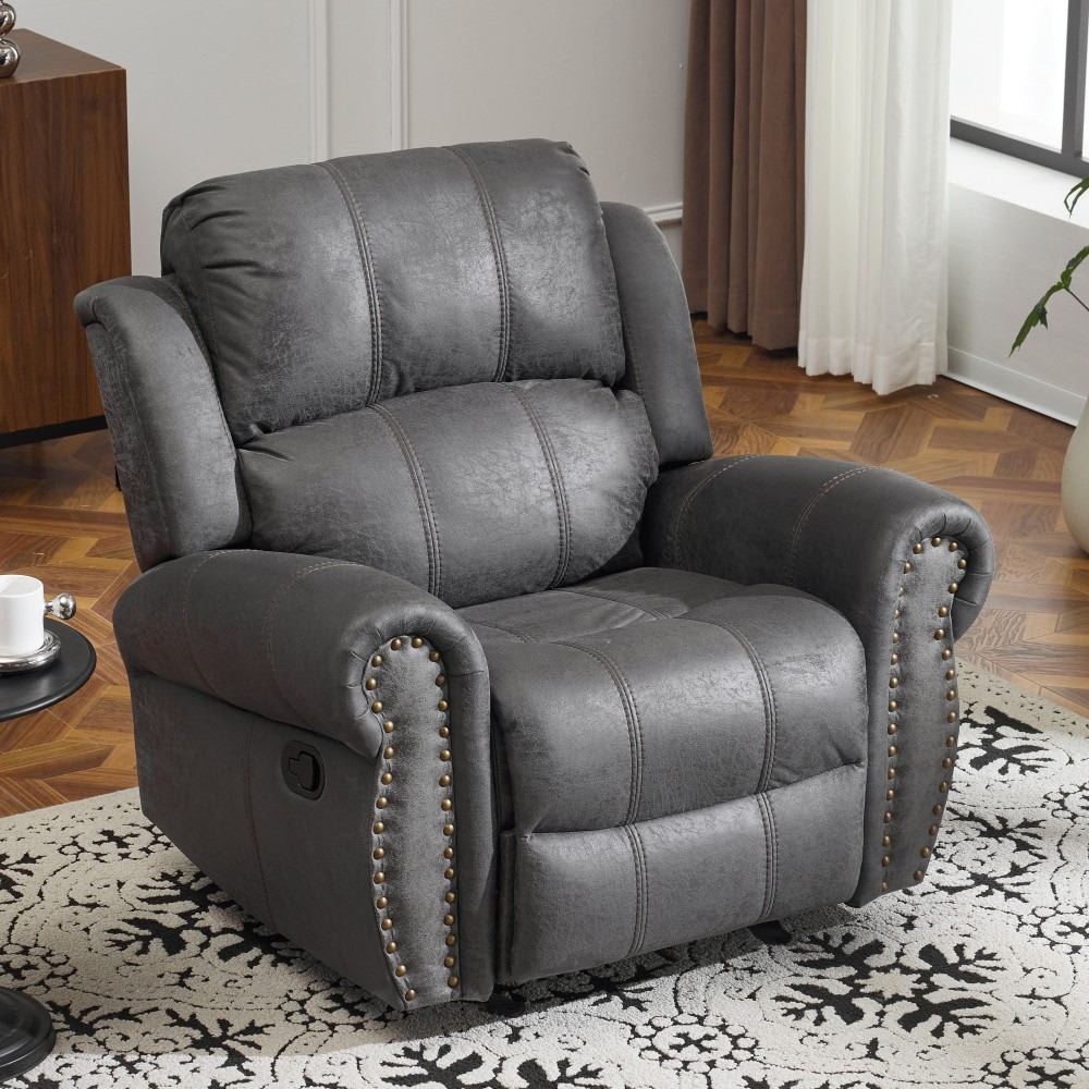 Coolbibila JOEL-RECLINER-SLATE Oversized Slate Suede Manual Glider Upholstered Recliner Chair with Rolled Arms for Living Room