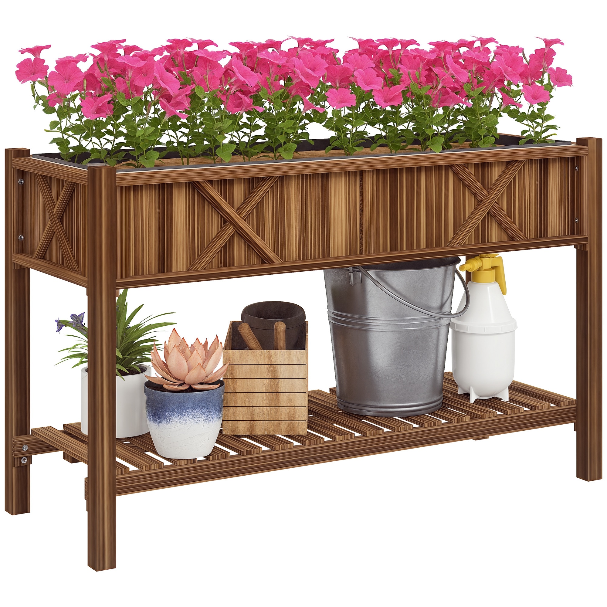 Outsunny 84H-346V01TN Wooden Raised Planter Box 47 x 22 x 31.5 in. Raised Flower Bed with Storage Shelf Drainage Holes and Liner Carbonized