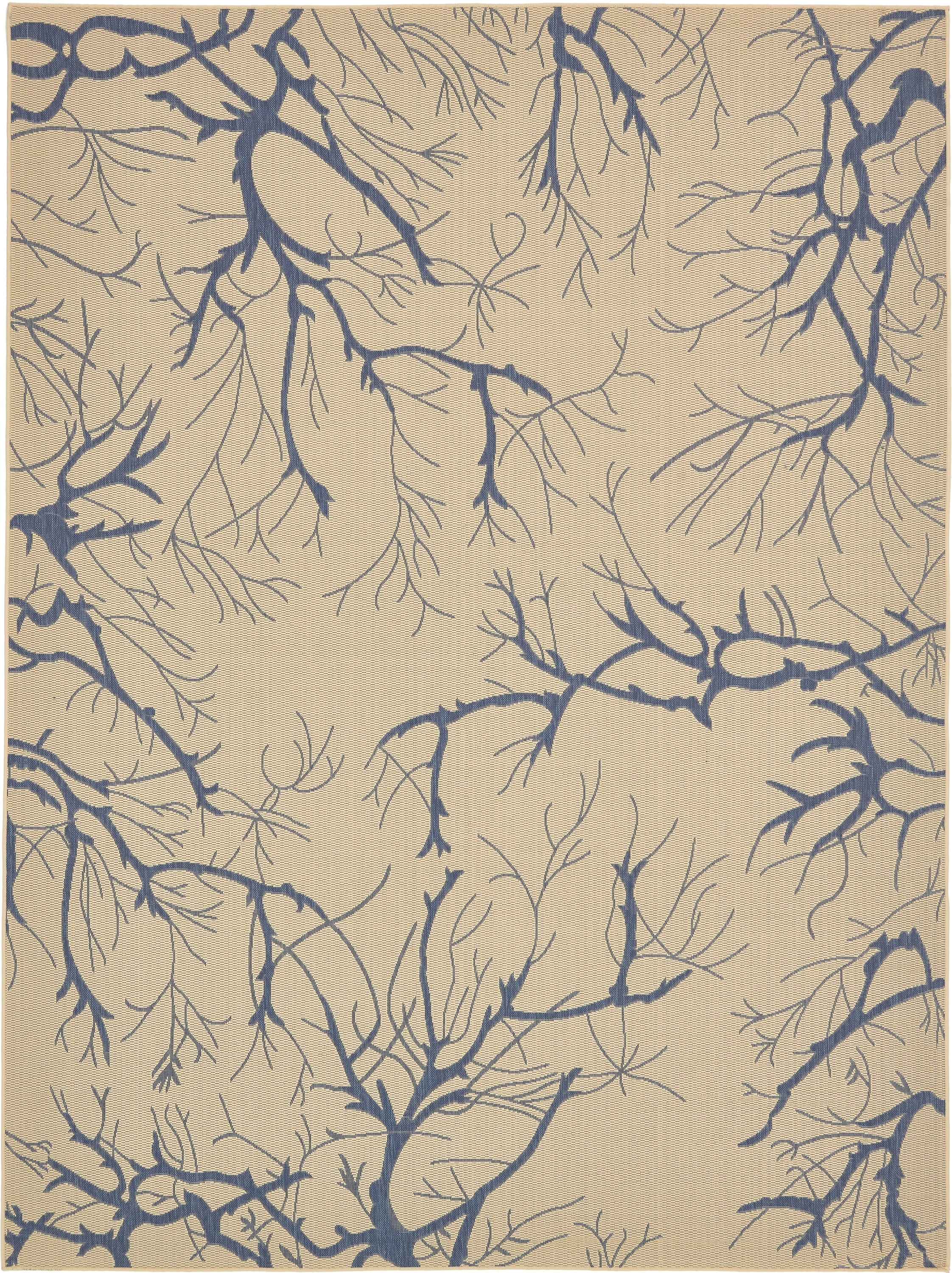 Beige and Navy Blue 9' x 12' Abstract Outdoor Rug