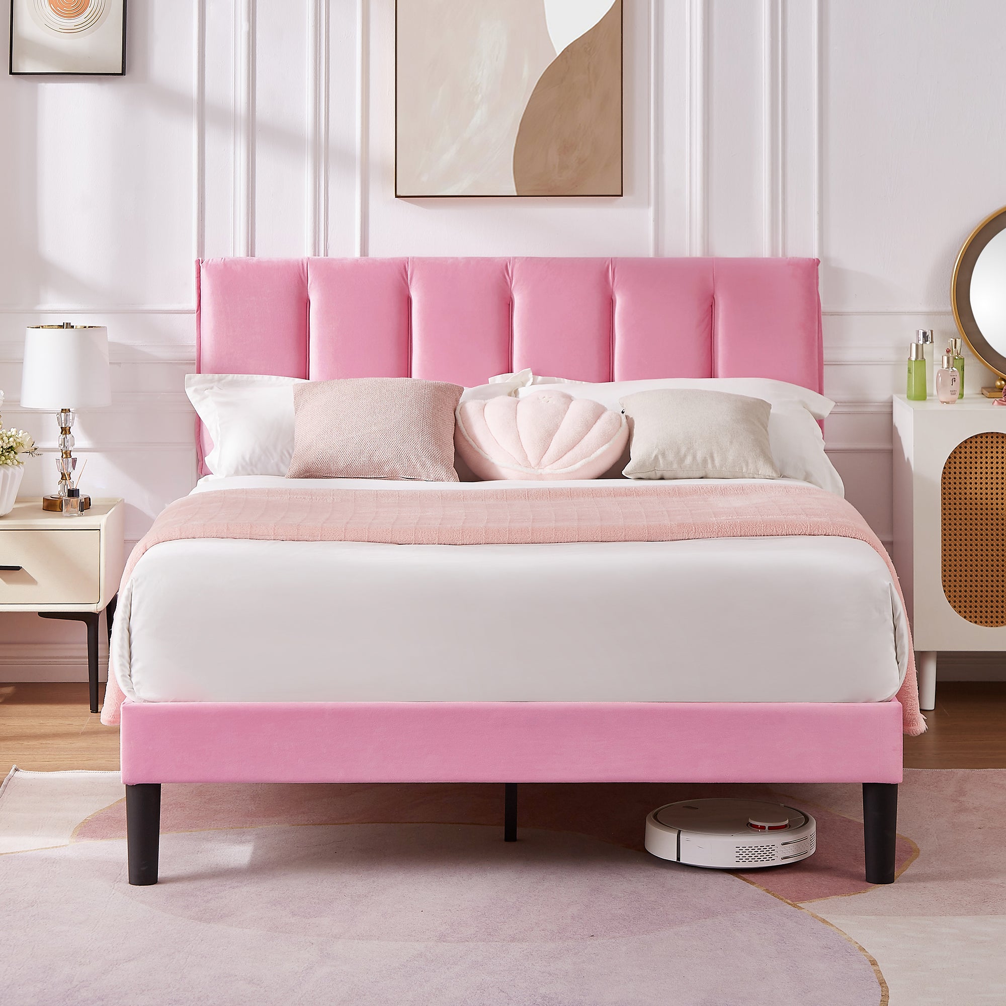 Vecelo LOE-CY-FB04-PNK Full Bed Frame with Upholstered Adjustable Headboard Heavy Duty Platform Bed Frame with Strong Wooden Slats Support Pink