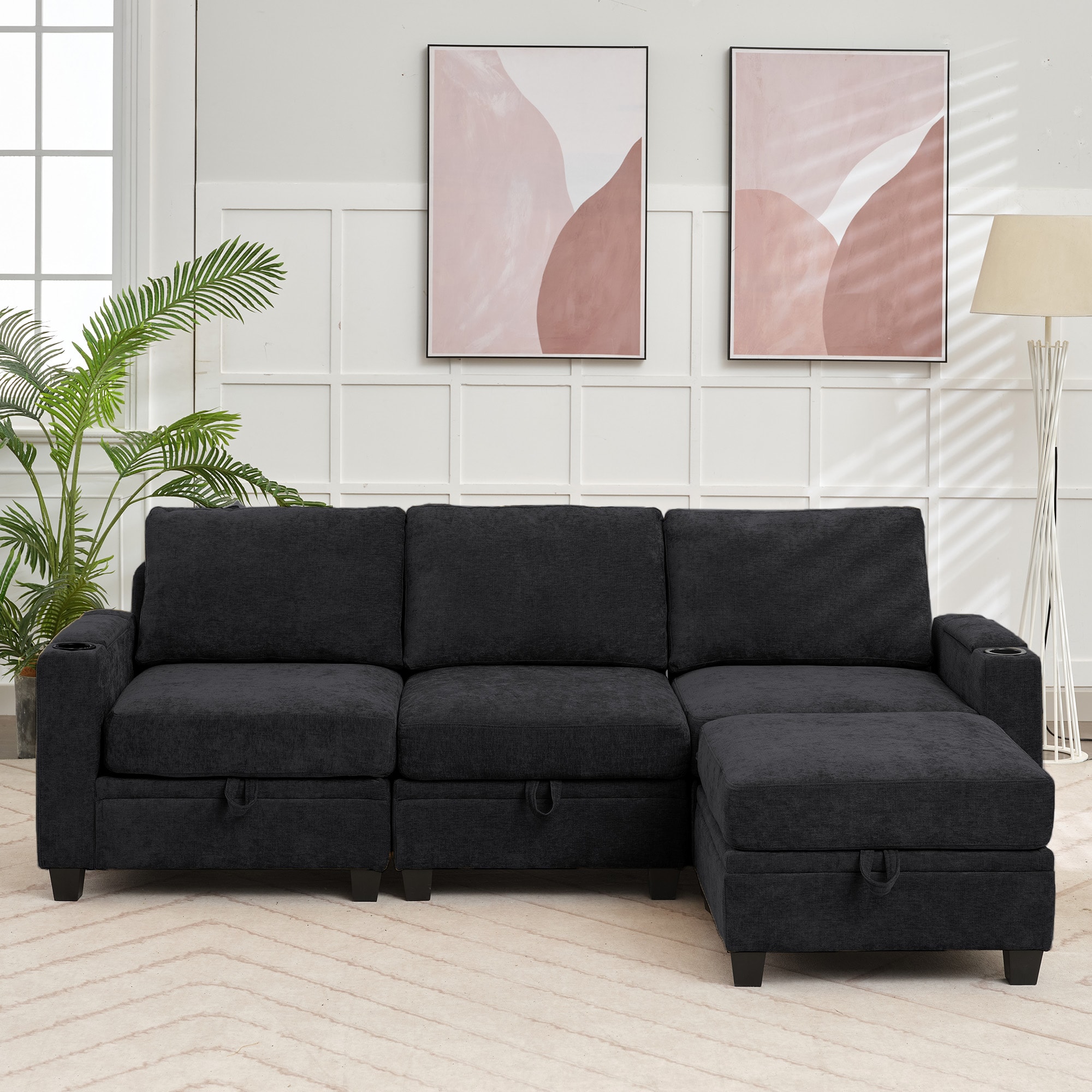 VOUA SAF-XNECW3-BL1 91-in Casual Black Chenille 3 -seater Sectional