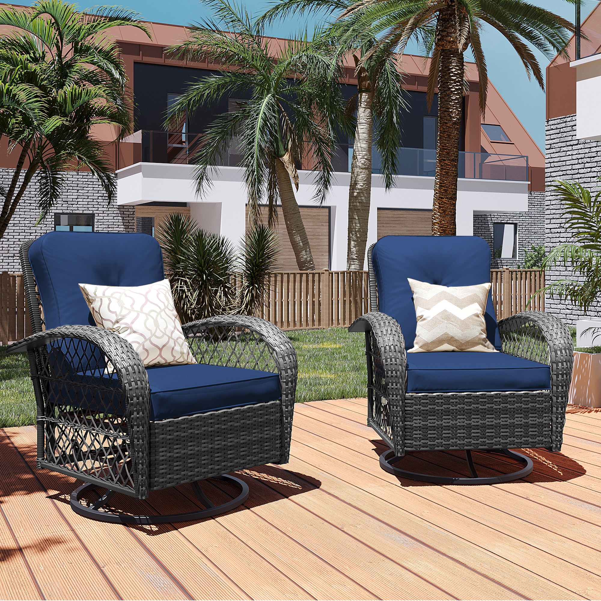 Patio Watcher LHY-2C-Y2 Rocking Chair 2 -Piece Rattan Patio Conversation Set with Blue Cushions