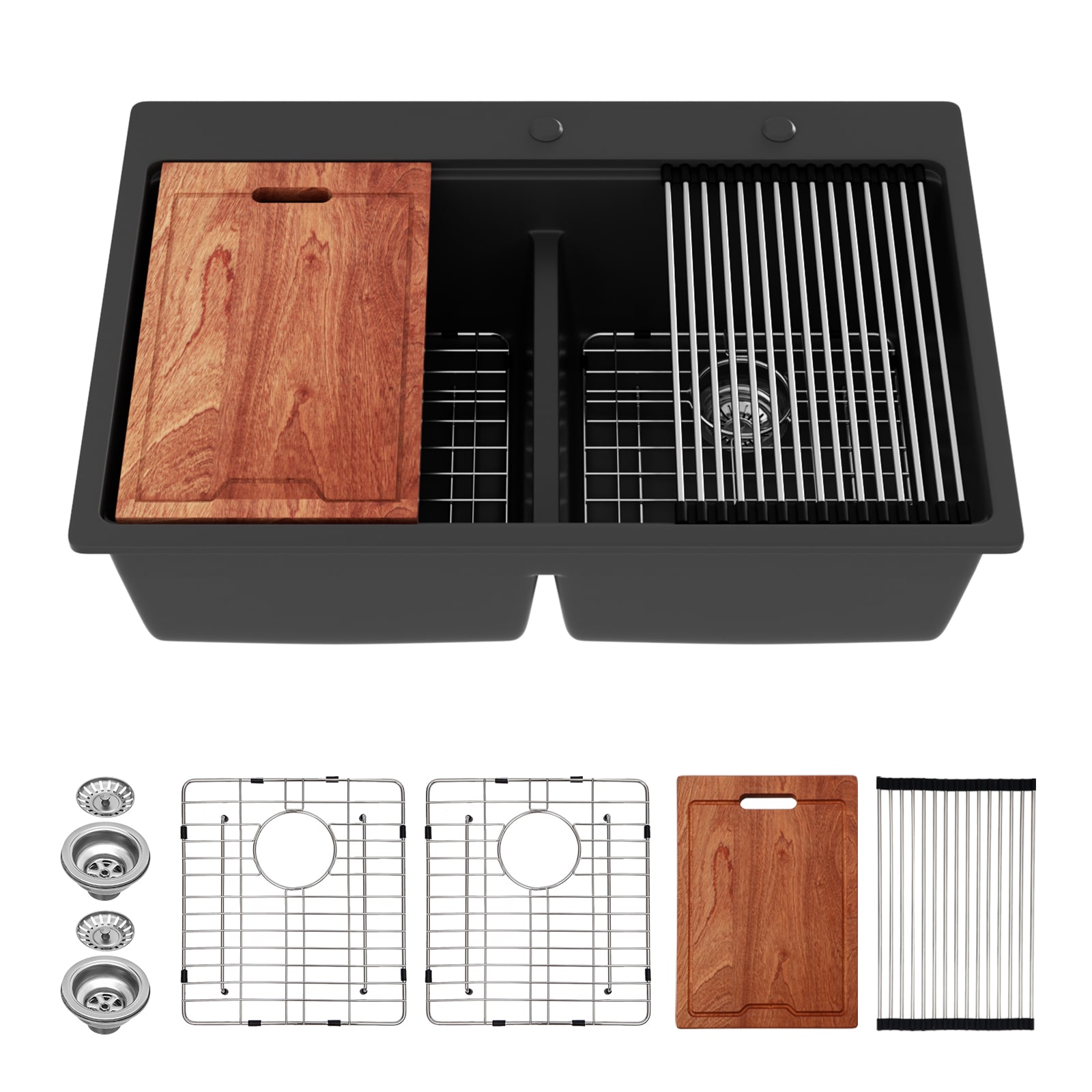 Lordear Drop-in 33-in x 22-in Quartz Double equal bowl Low Divide Workstation Kitchen Sink