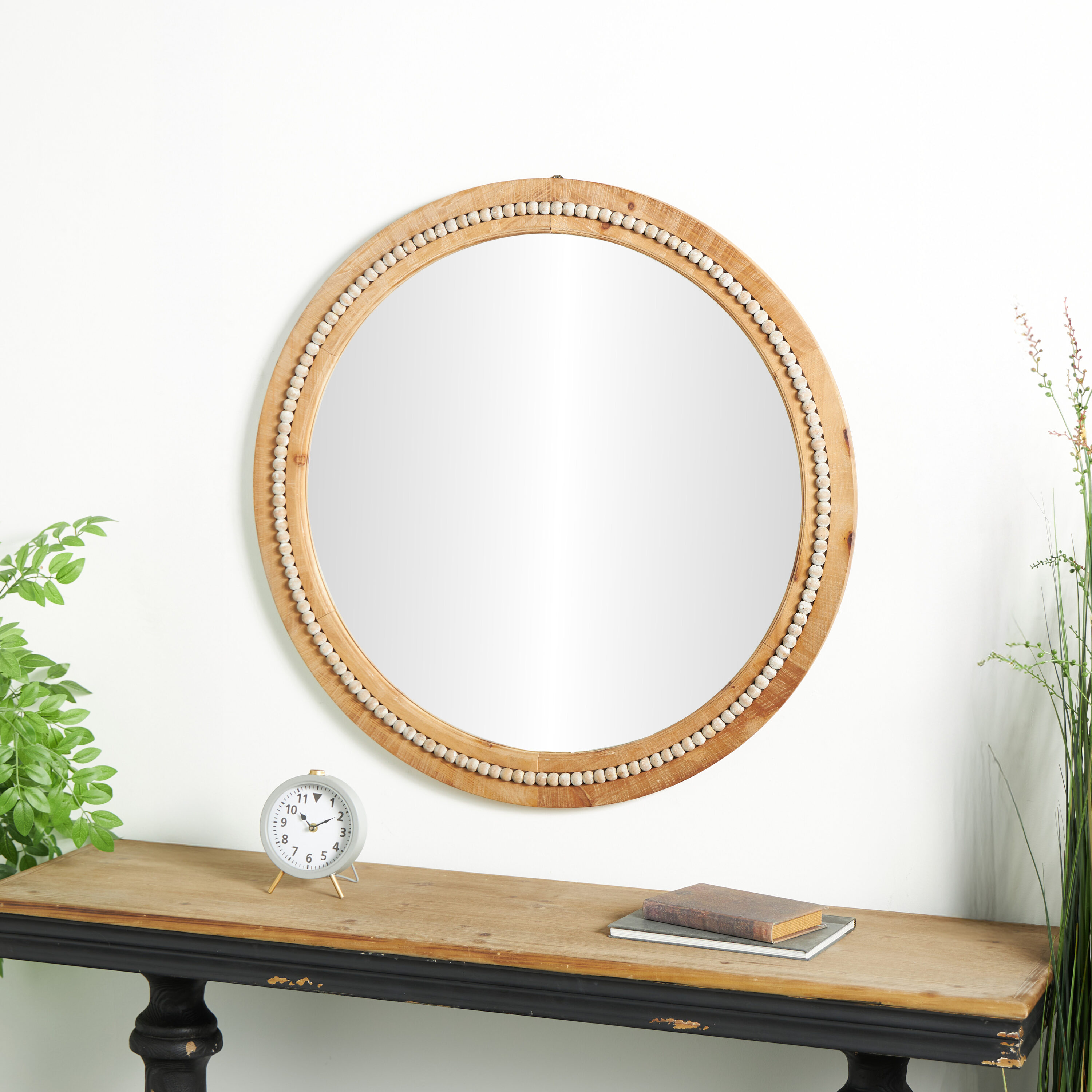 Grayson Lane 43591 36-in W x 36.0-in H Round Light Brown Distressed Beaded Framed Wall Mirror