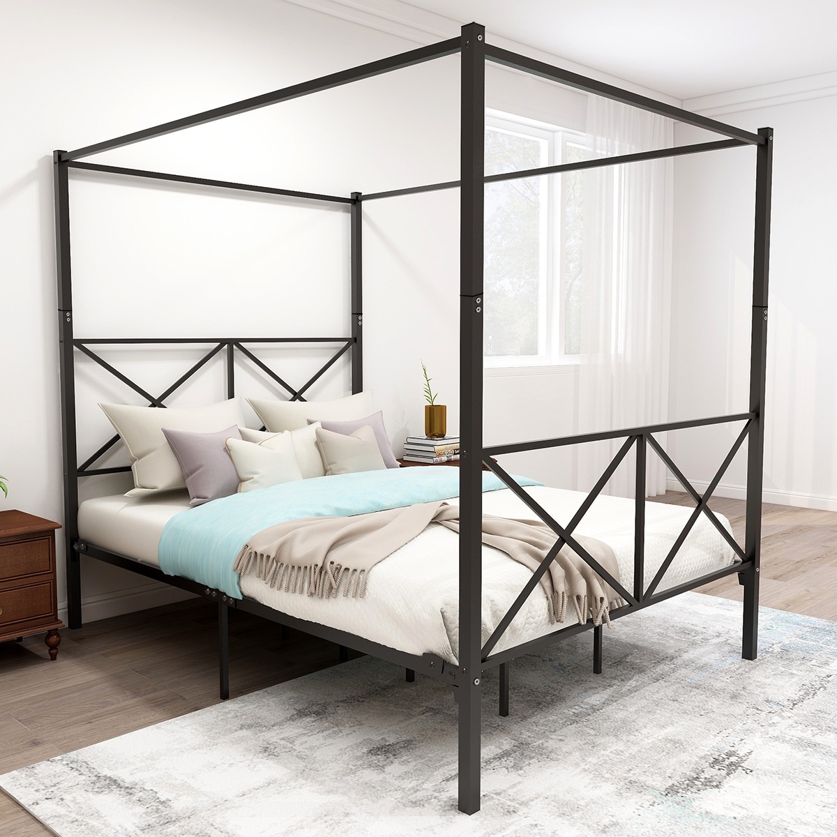 Tatayosi JJ-84034643 Metal Canopy Bed Frame Platform Bed Frame Queen with X Shaped Frame Queen Black