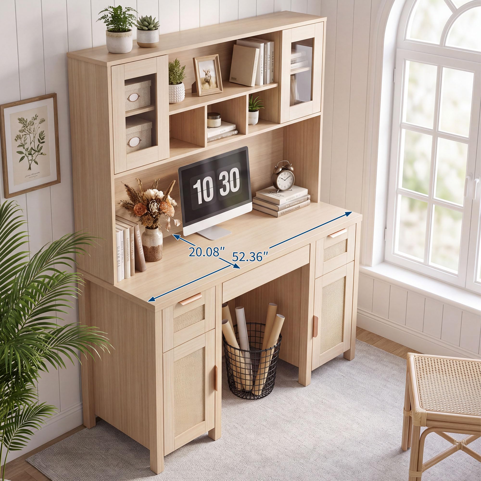 GarveeLife 52.36-in Light Oak Computer Desk with Hutch and Power Strip ...