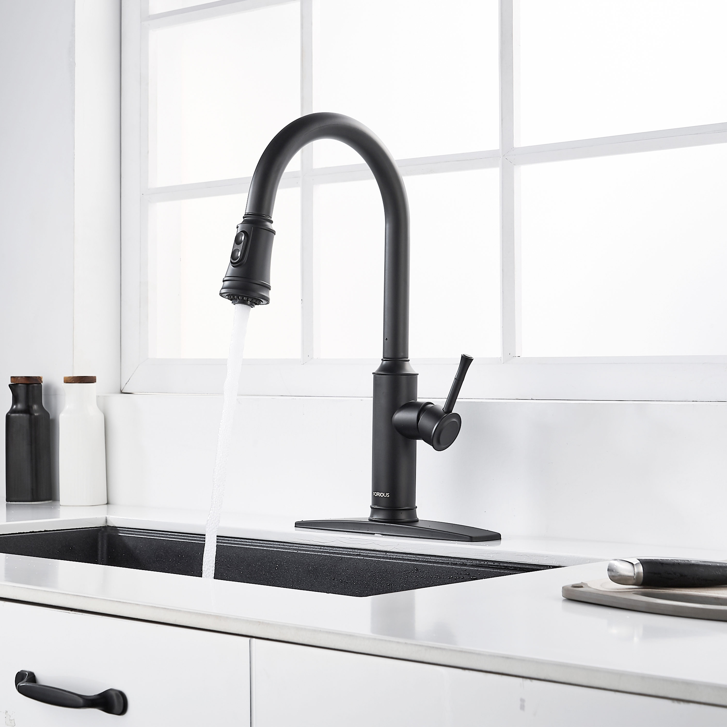 FORIOUS Kitchen Faucet Matte Black Single Handle Pull-down Kitchen ...