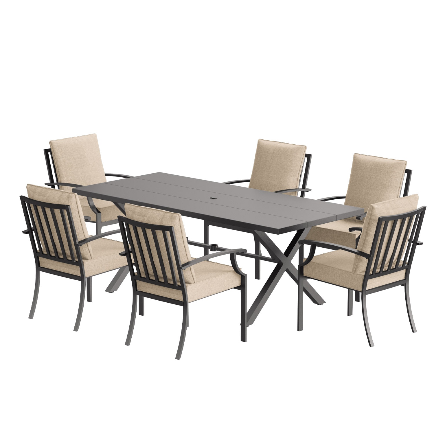 ALAULM LS-6DM-SAND 7 -Piece Brownish Black Patio Dining Set Iron Rectangle Table with 6 Brown Cushions Stackable Swivel Rocker Chairs
