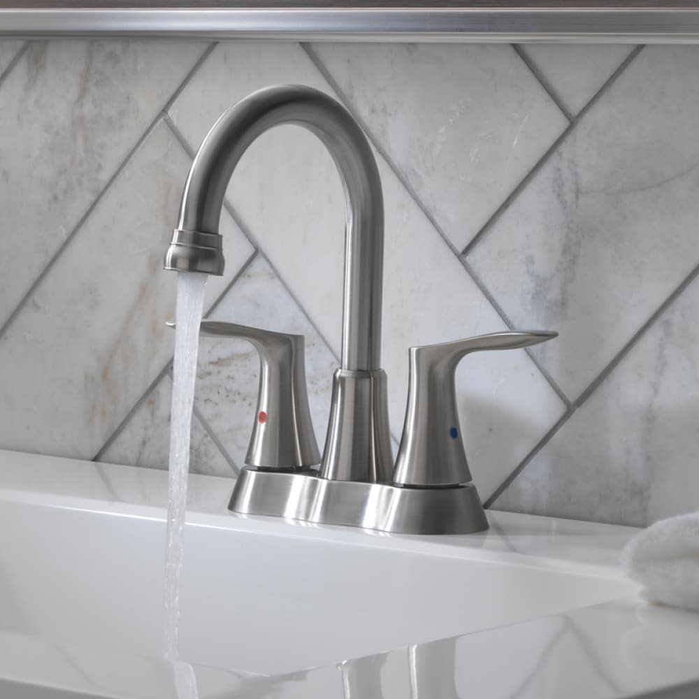 allen + roth 21-B43LEDLAVBN-AR Brookes Brushed nickel 4-in centerset 2-handle WaterSense High-arc Residential Handle Bathroom Sink Faucet with Drain