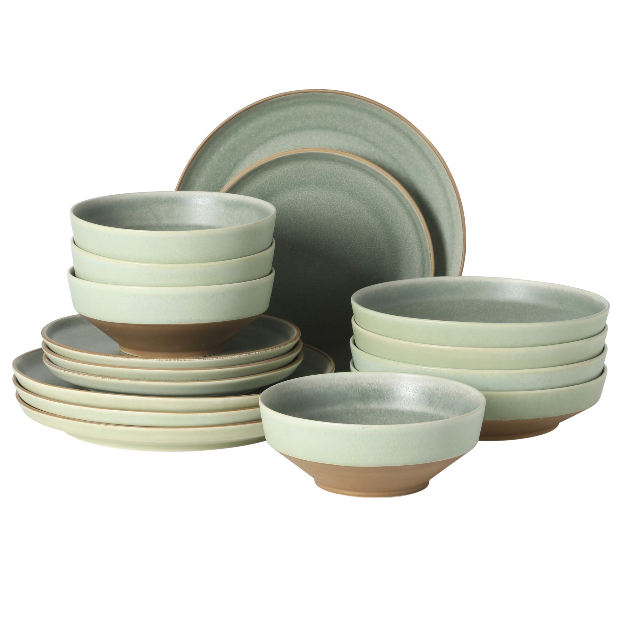 Gibson Elite  Octavia Place 16 Piece Stoneware Dinnerware Set Service for 4 Coupe Modern Plates and Bowls Reactive Glaze Finish Green Microwave and Dishwasher Safe