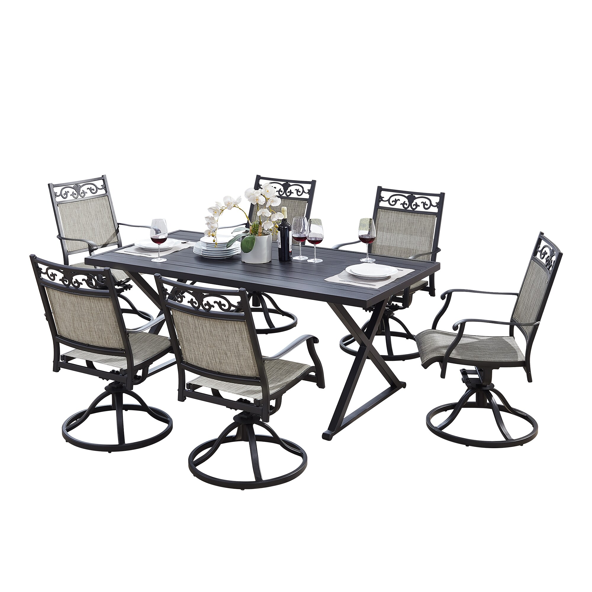 PEAK HOME FURNISHINGS 970383-970392 7 -Piece Gray Patio Dining Set Steel Rectangle Table with 6 Swivel Chairs
