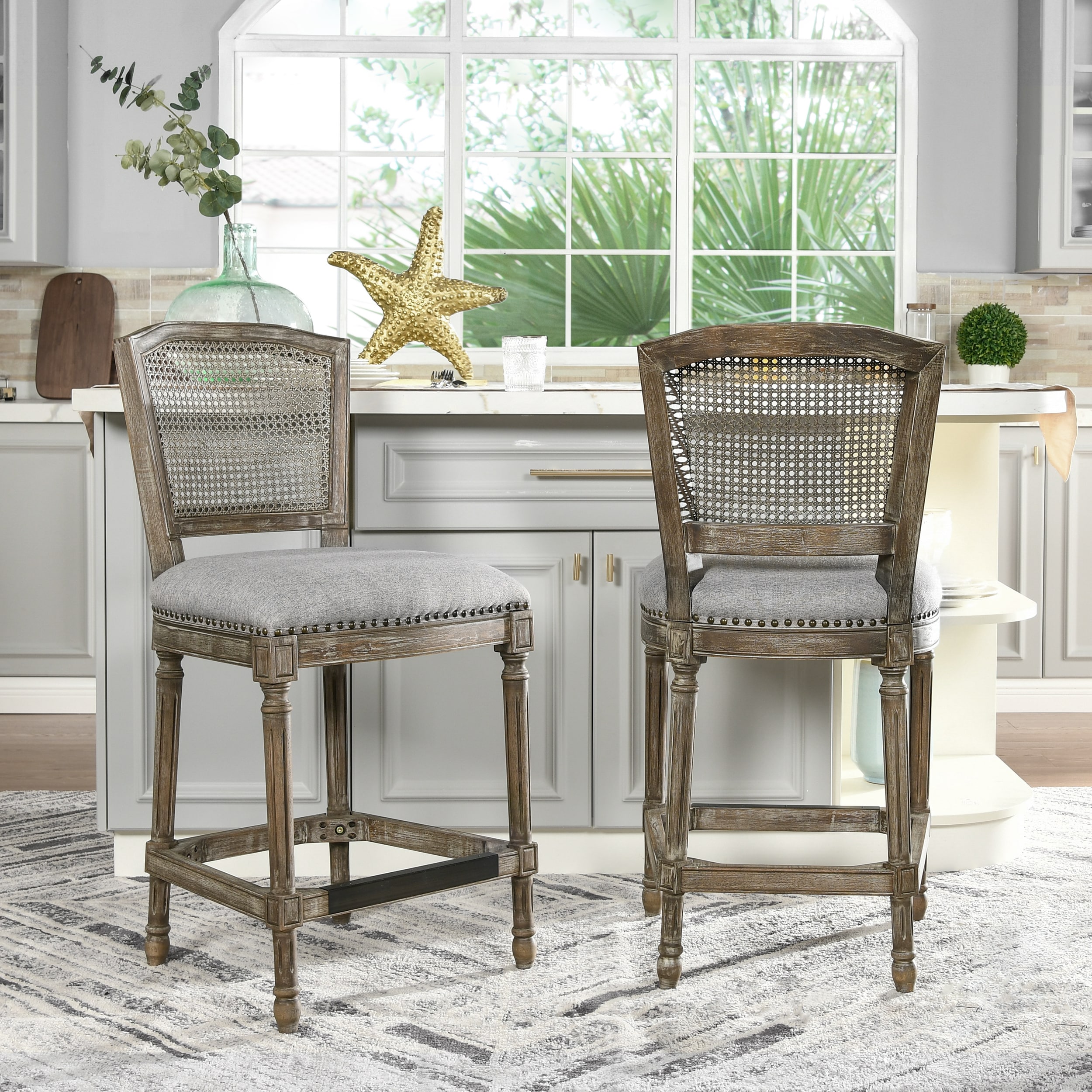 Triomphe Dark Heathered Grey Linen and Oak Wood Counter Stool