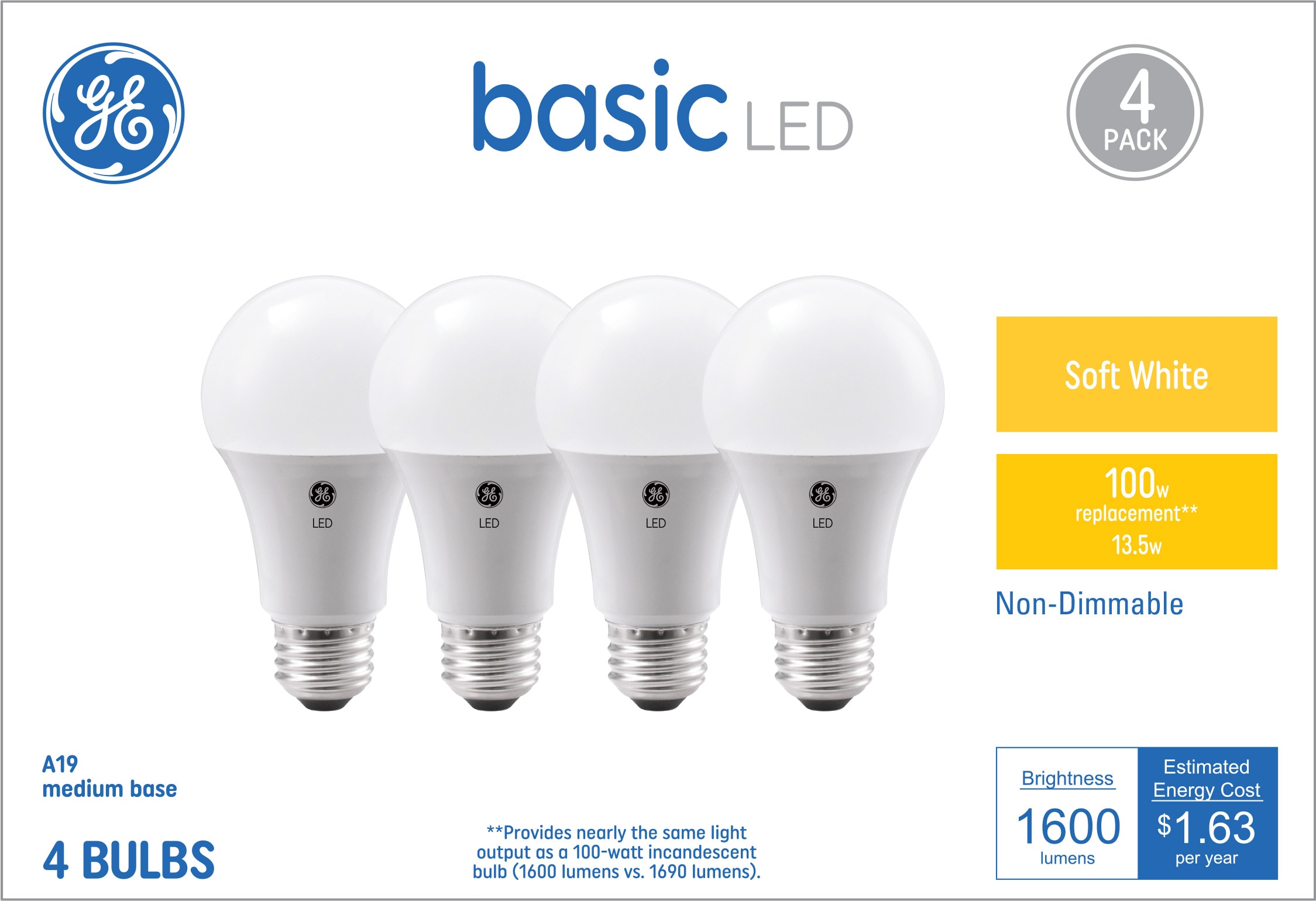 diefstal graven Razernij GE Basic 100-Watt EQ A19 Soft White Medium Base (e-26) LED Light Bulb  (4-Pack) at Lowes.com