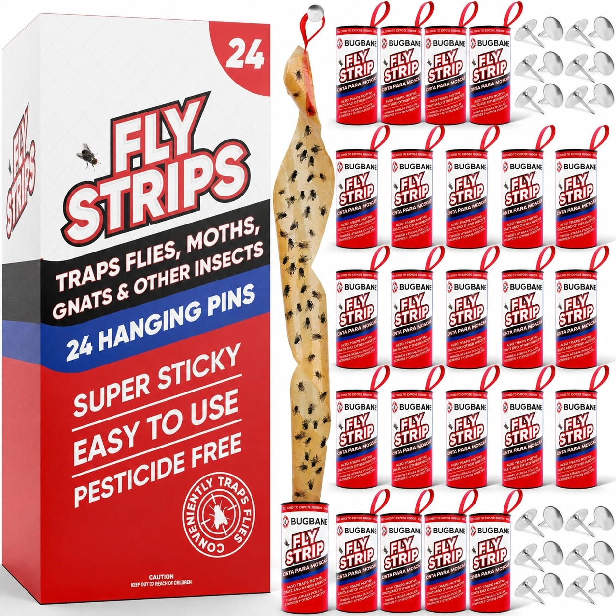 Ahfiwaso  Fly Strips Indoor Sticky Hanging 24 pack Non Toxic Fly Trap Tape Ribbon for Home Houseflies Gnats Fruit Flies Bug Catcher