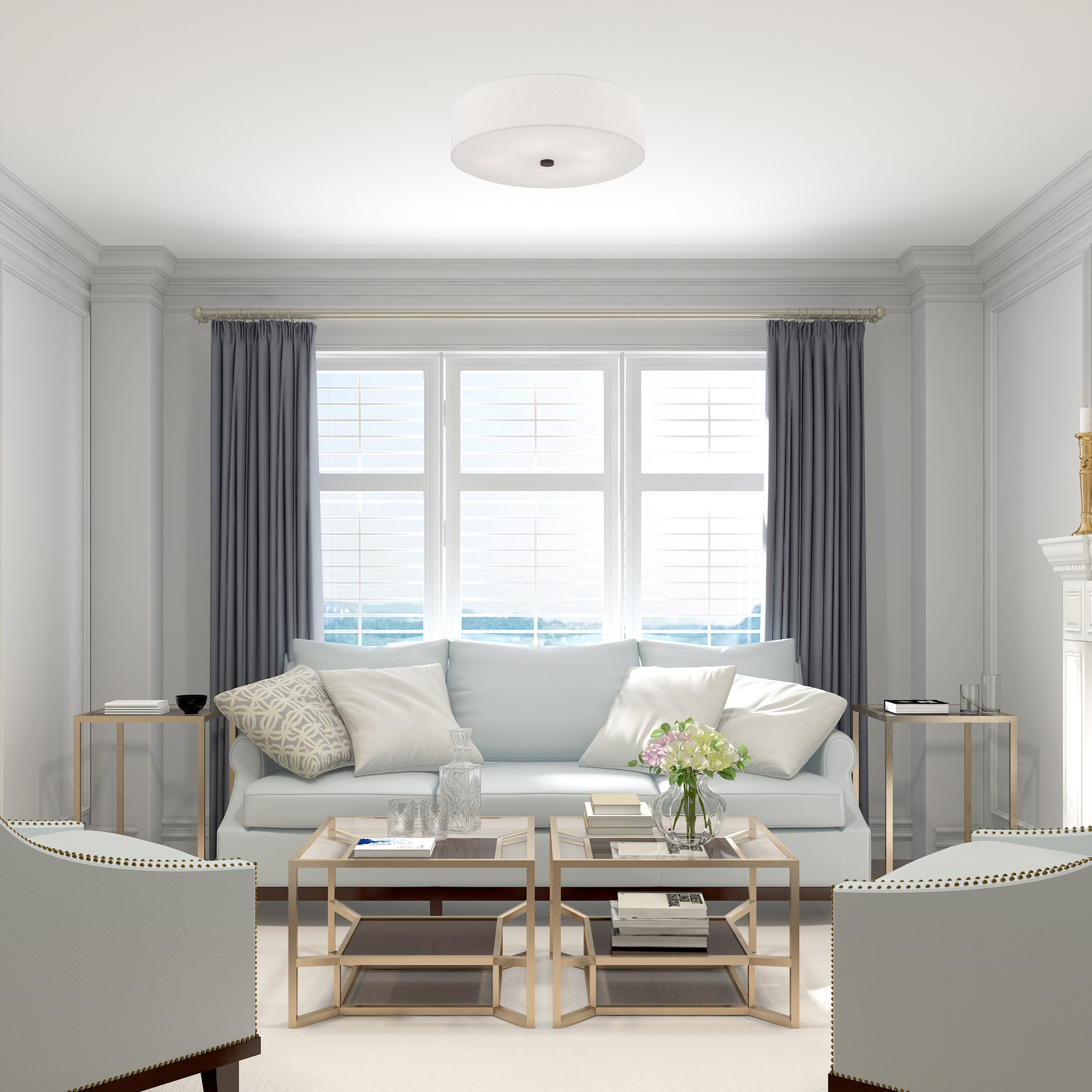 English Bronze 5-Light Semi-Flush Mount with Fabric Drum Shade