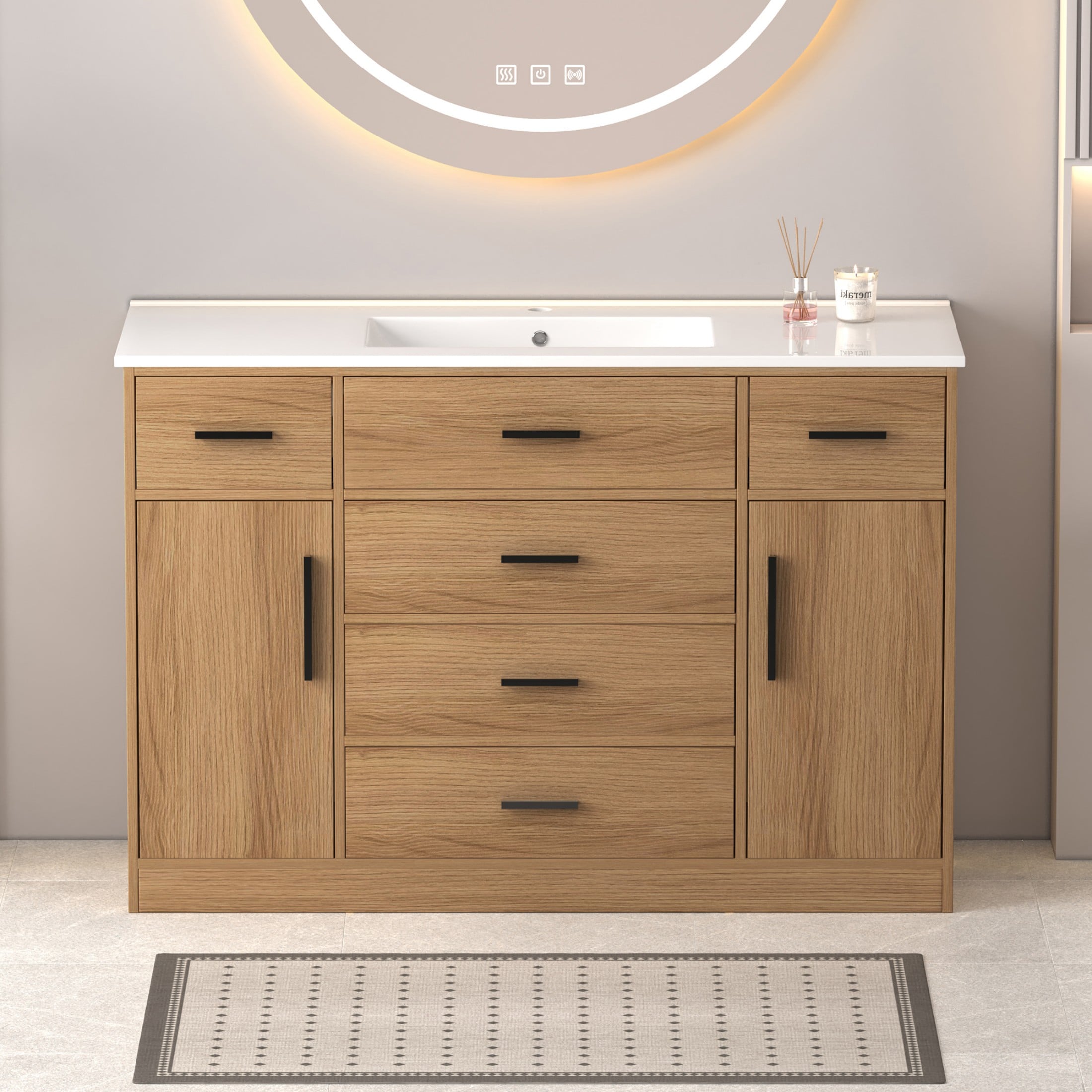 Poinic Assembly Required 48-in Light Oak Undermount Single Sink Bathroom Vanity with White Solid Surface Top