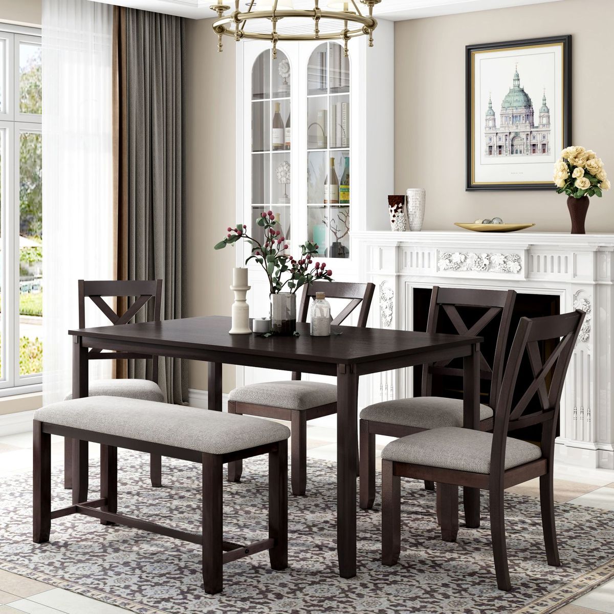 JASMODER ST000061AAP 6-Piece Kitchen Dining Table Set Wooden Rectangular Dining Table, 4 Fabric Chairs And Bench Family Furniture (Espresso)