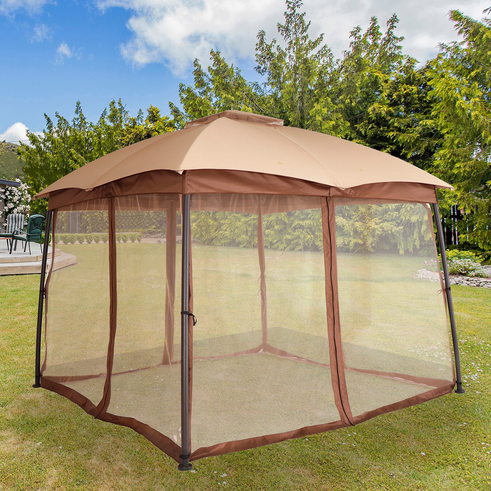 StarEcho 10-ft x 10-ft Arc leg patio gazebo with netting Square Khaki ...