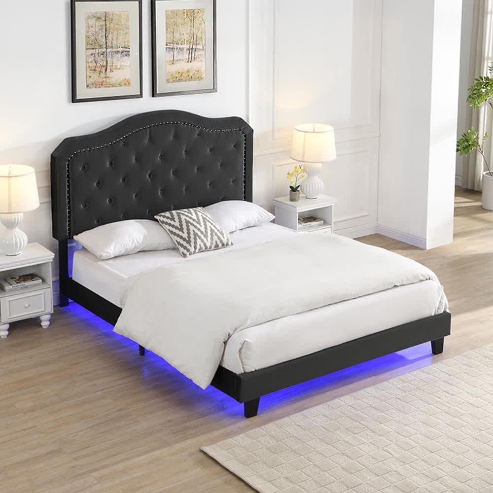 JUJABU ZJBED-8 Black Queen Bed Button Tufted with Curve Design and LED Light for Bedroom