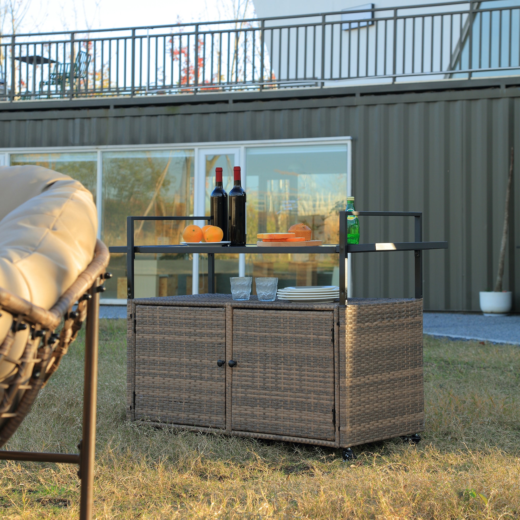 Fun Orange FUNHWCP88 Outdoor Black Wicker Outdoor Serving Cart