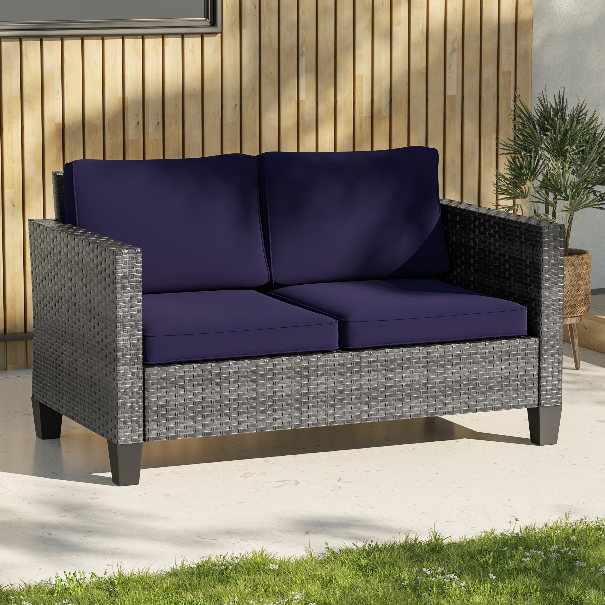 ACEGOSES LW-PS-115HNY-D1 Skytop 2 -Piece Wicker Patio Conversation Set with Blue Cushions