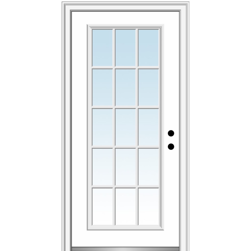 MMI DOOR ZZ365574L 32-in x 80-in x 6-9/16-in Fiberglass Full lite Left-hand inswing Primed Prehung Front Door with Brickmould Insulating core with Grilles