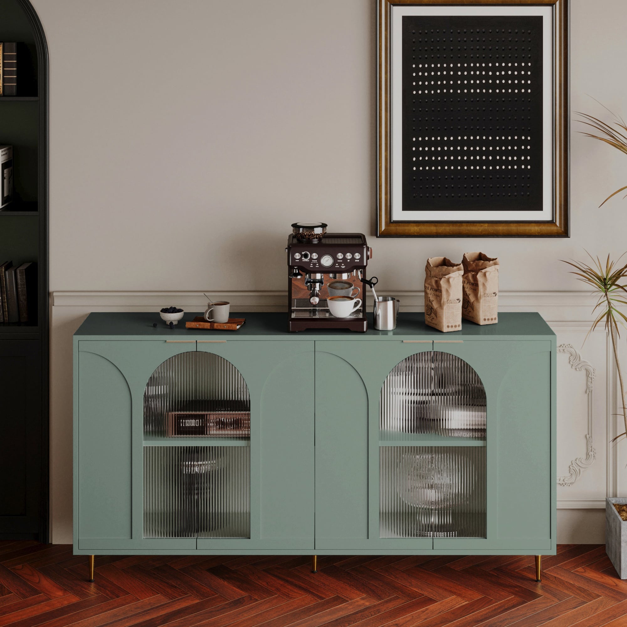 Tatayosi JL-5P170161 Accent Cabinet Lacquered Wooden Cabinet with 4 Glass Doors Sideboard Buffet Server Cabinet Storage Cabinet; for Living Room; Entryway; Hallway; Office; Kitchen and Dining Room; Mint Green