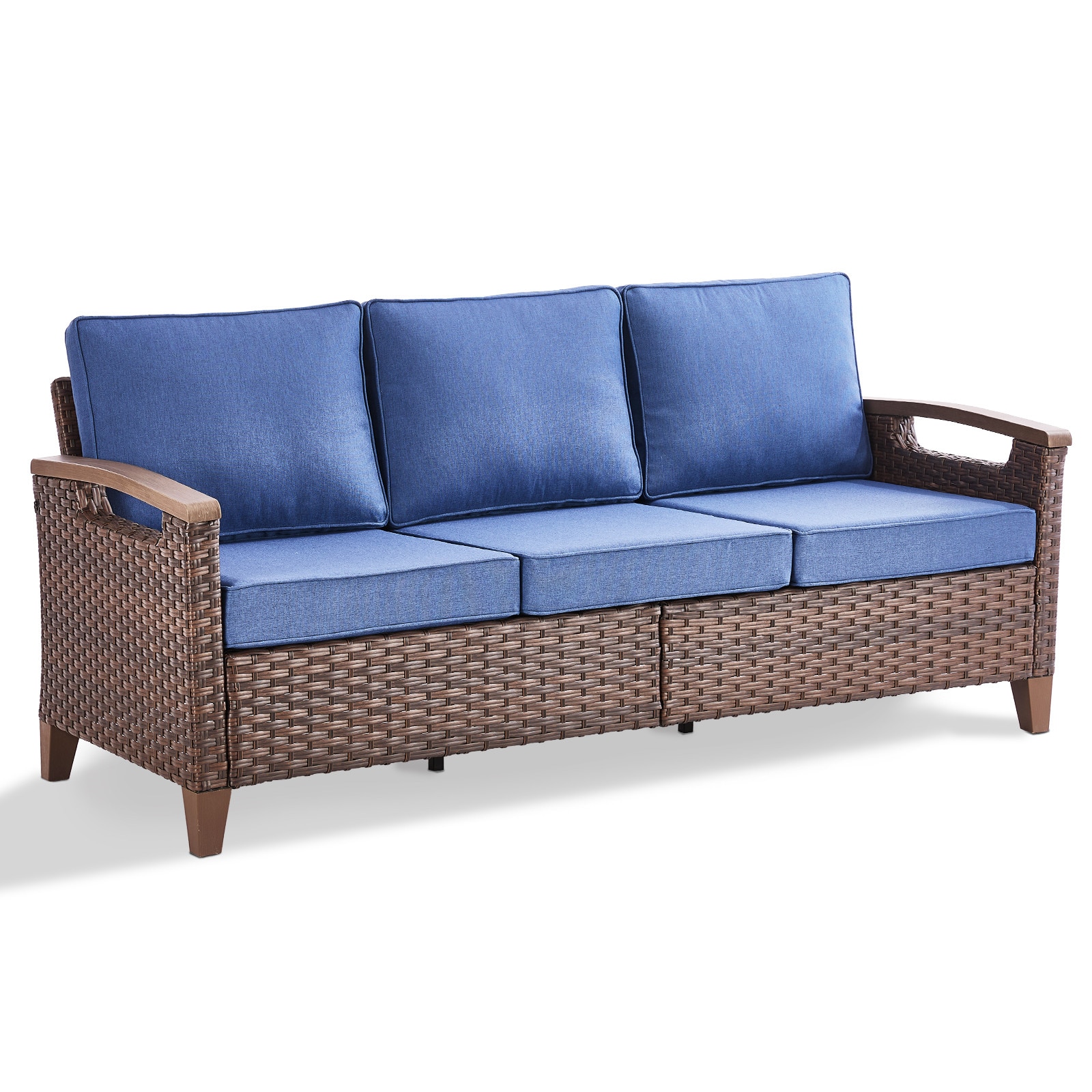 Rilyson FSALBR13-1 Wicker Outdoor Sofa with Blue Cushions and Stainless Steel Frame