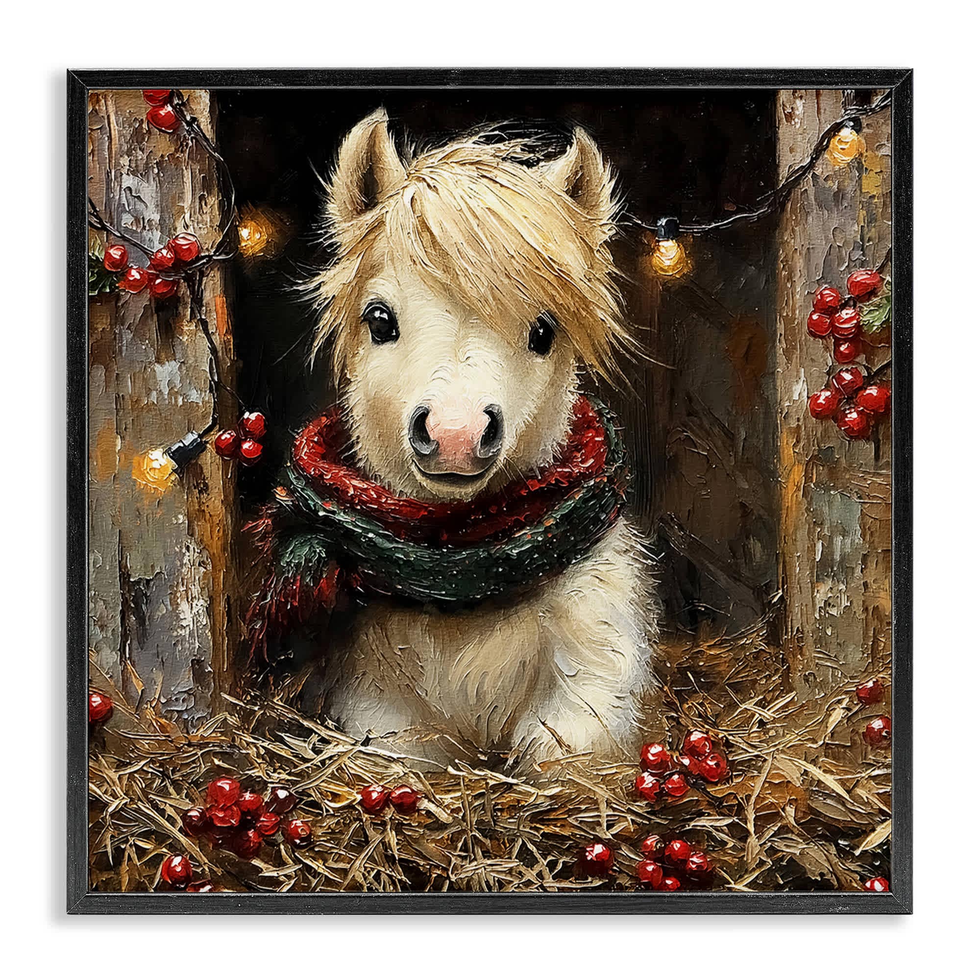 Stupell Industries BT-934-FR-12X12 Horse Foal with Holly and Lights Black Framed Giclee Art By Riley B 12 x 12