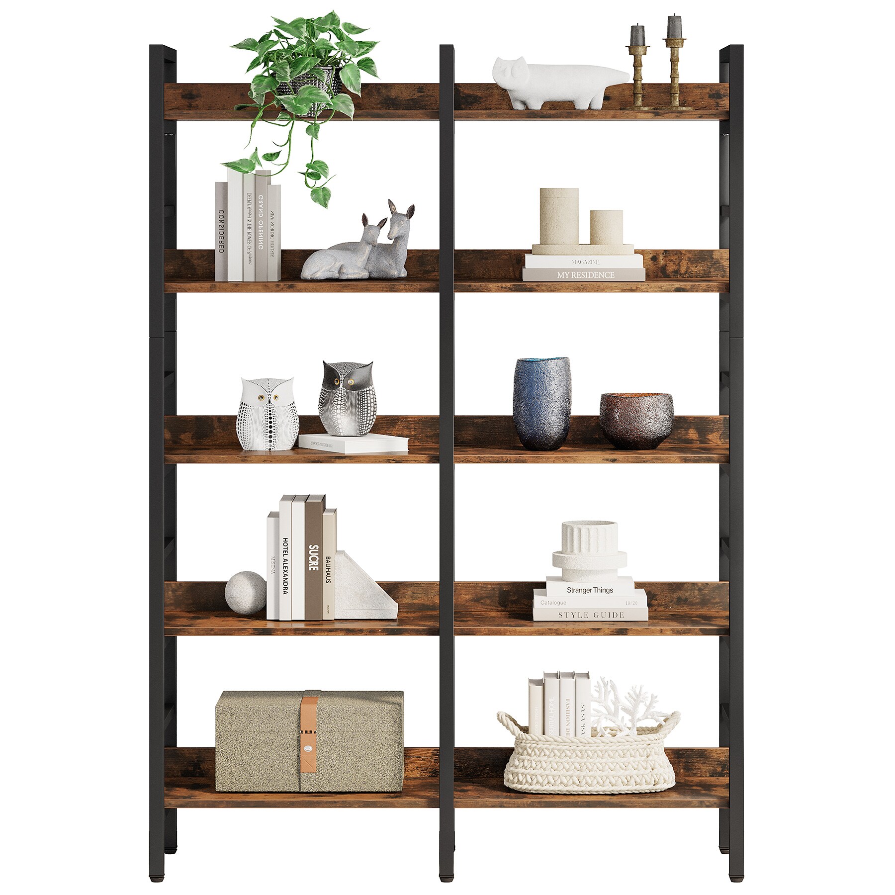 Rustic Brown 5-Tier Wood and Metal Adjustable Bookshelf