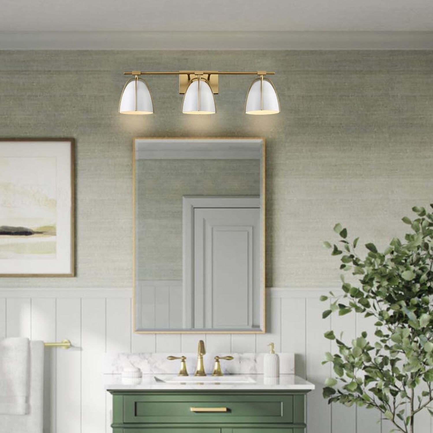 Brushed Brass 29" Vanity Light with White Metal Dome Shades