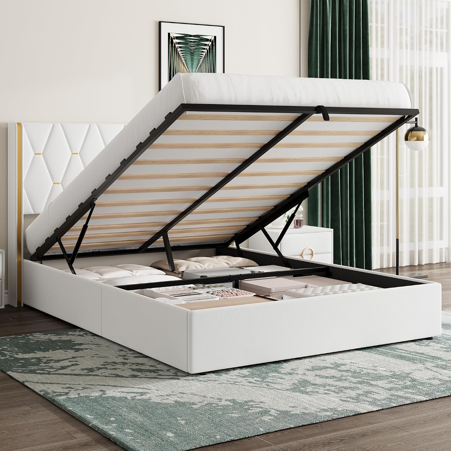 IdealHouse Full Size Velvet Upholstered Lift Up Storage Bed Frame White ...