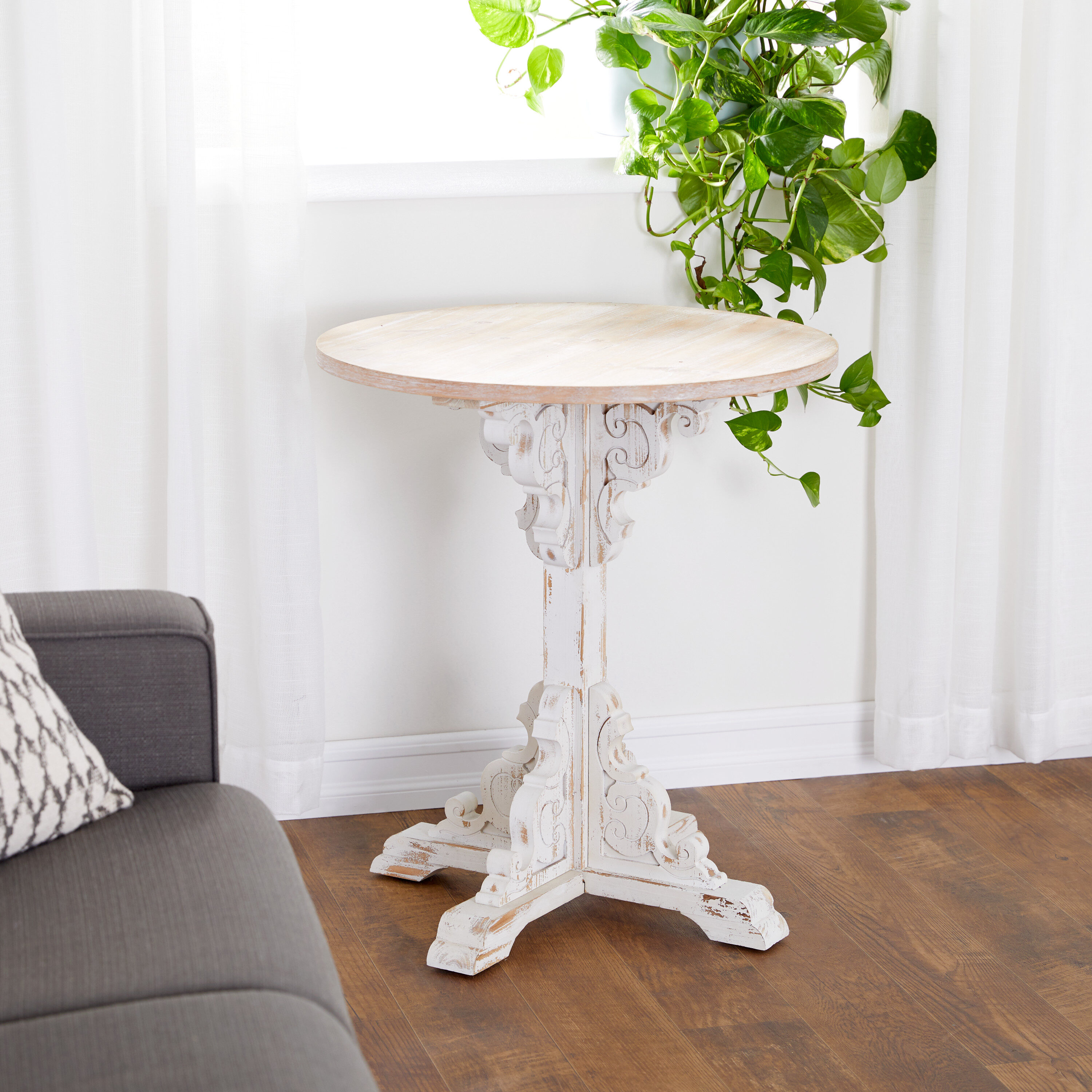 Grayson Lane 42929 26.0-in W x 29.0-in H Gray Intricately Carved Brown Wood Top Wood Round Farmhouse End Table Assembly Required