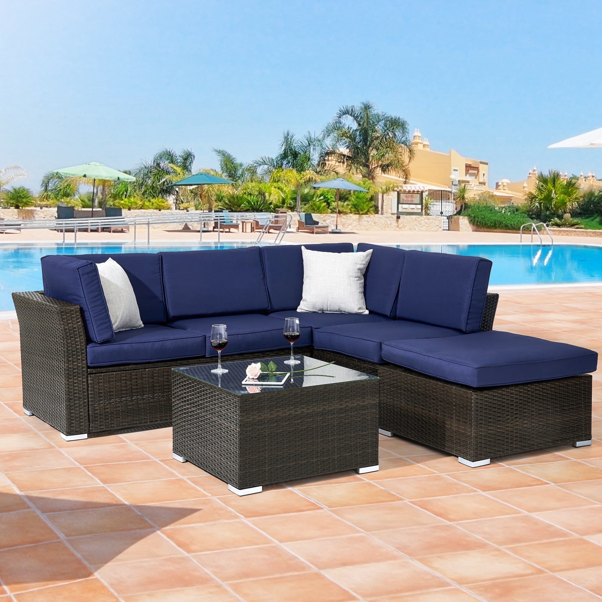 ACEGOSES LW-HSF200NY 4 -Piece Wicker Patio Sofa Conversation Set with Blue Cushions