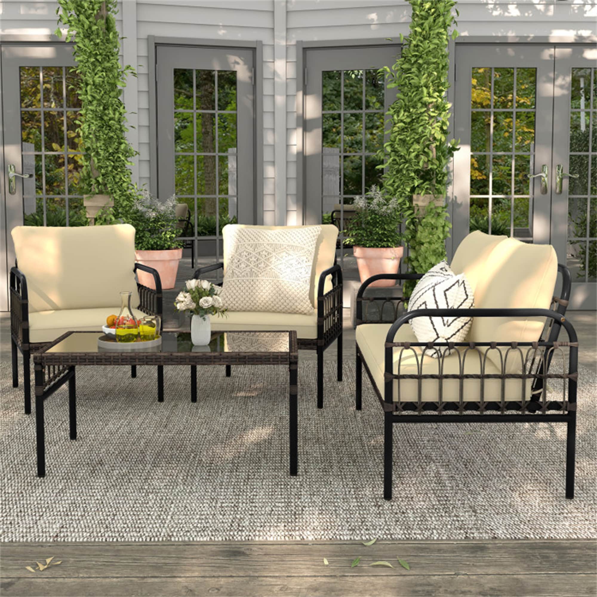BABOOM BOM-P174348-OR Wicker Patio Furniture Set 4 -Piece Wicker Patio Conversation Set with Off-white Off-white Cushions