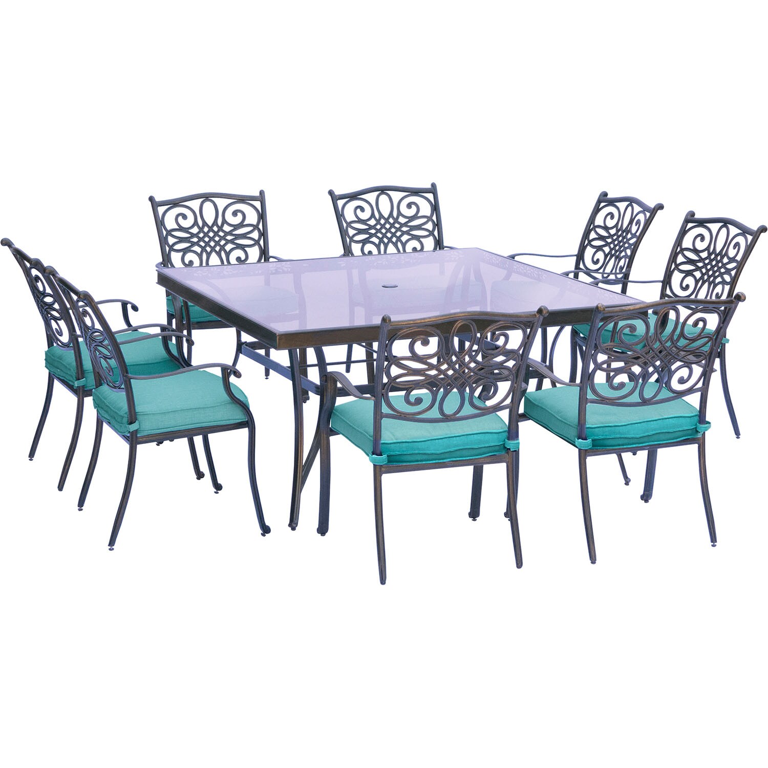 Hanover TRADDN9PCSQG-BLU Traditions 9-Piece Bronze Patio Dining Set with Blue Cushions