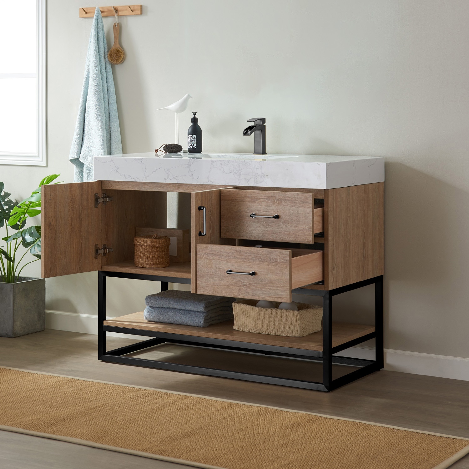 42 Inch Oak Single Vanity with White Stone Top and Matte Black Frame
