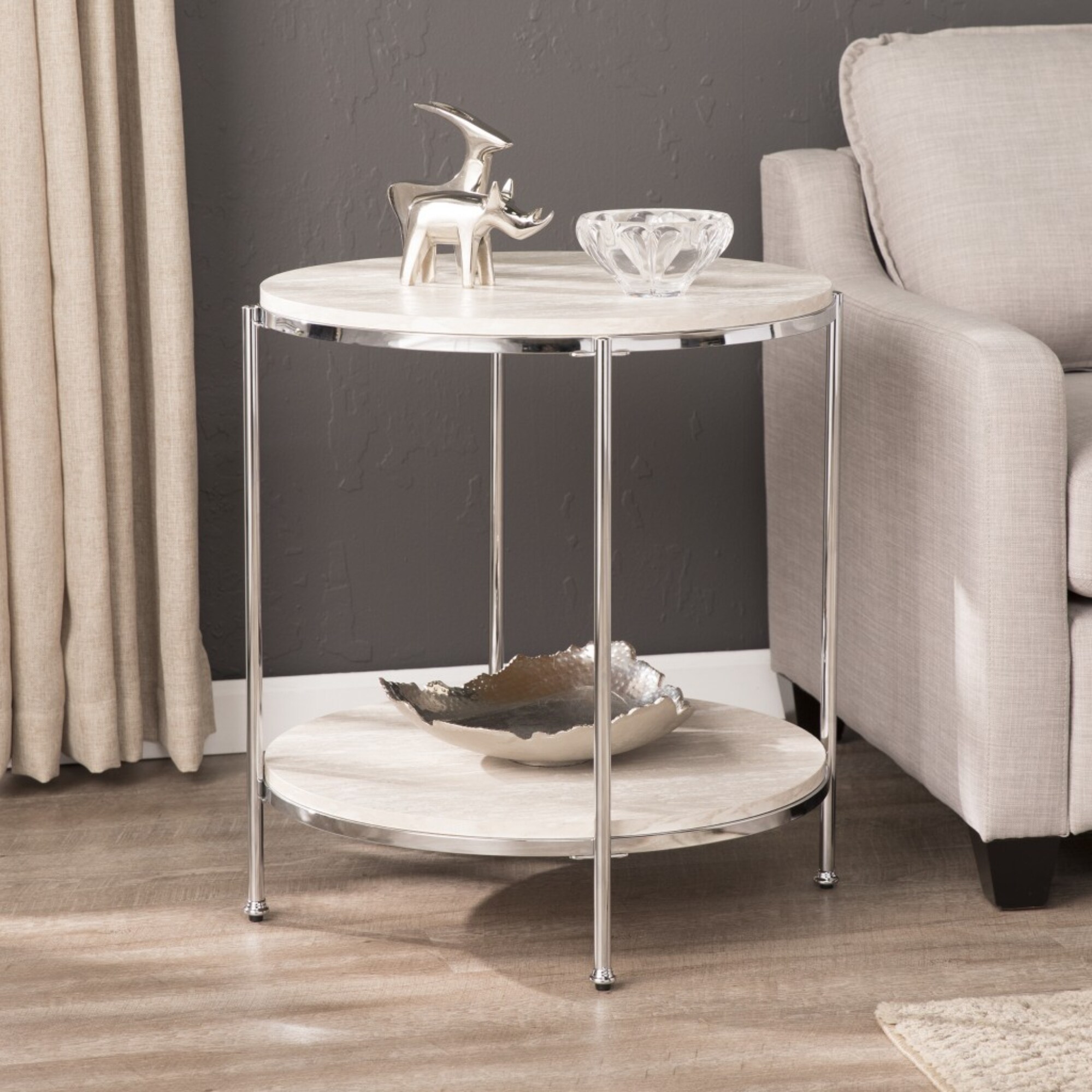 HomeRoots 4000402495 23.25-in W x 24.25-in H Chrome Wood Veneer Midcentury End Table with Storage Assembly Required