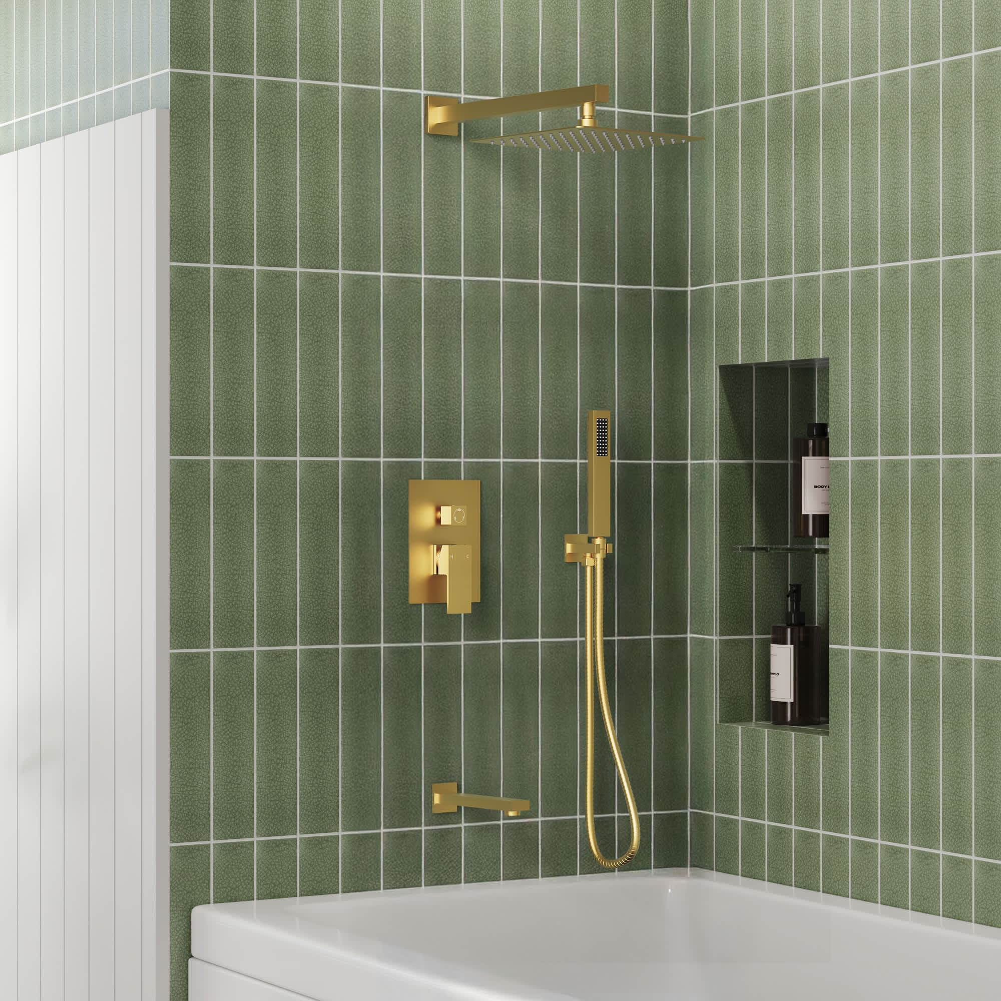 EVERSTEIN M6603GNI-B10BL 1-Handle 3-Spray Wall Mount Tub and Shower Faucet with 10 in. Rain Shower Head in Brushed Gold (Valve Included)