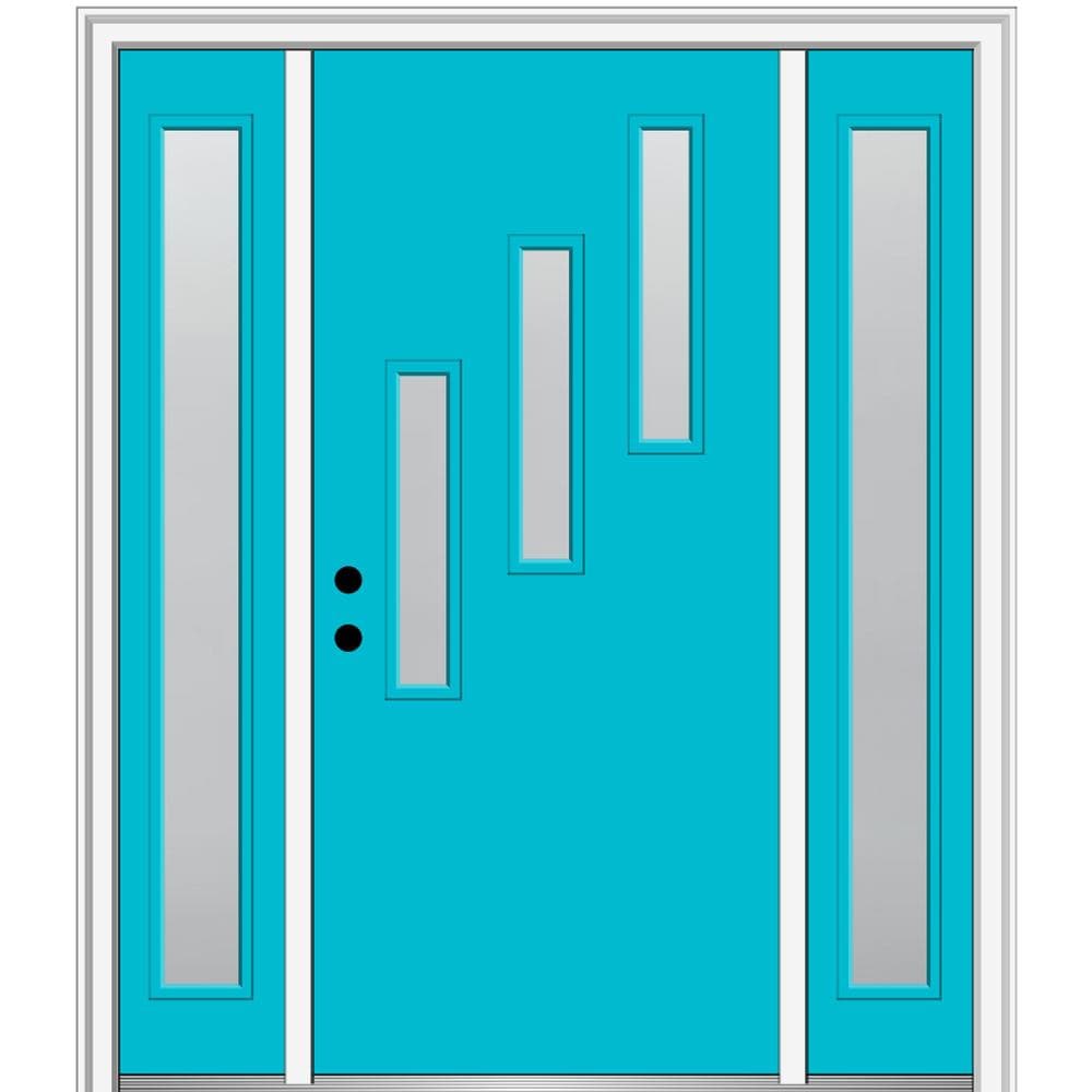 MMI DOOR ZZ347910R Spotlights 60-in x 80-in x 4-9/16-in Fiberglass Pulse lite Right-hand inswing Bahama Blue Painted Prehung Front Door with Sidelights with Brickmould Insulating core
