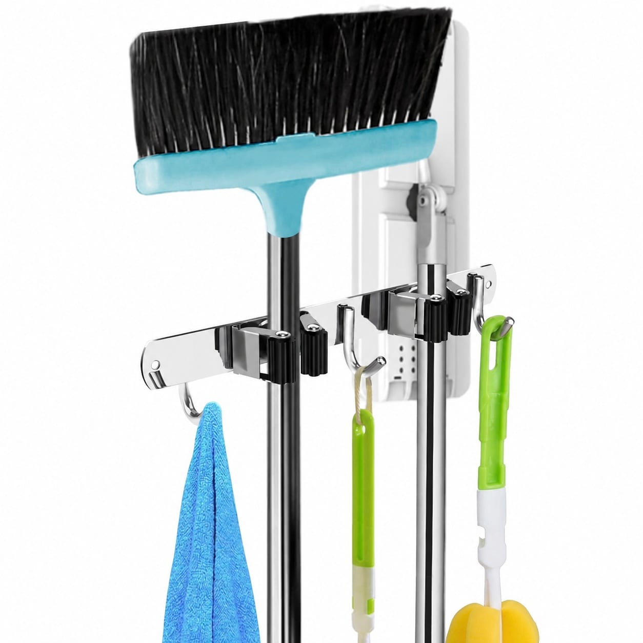 Yichuhaoxi  Broom and Mop Holder Wall Mounted Organizer 2 Racks 3 Hooks Stainless Steel Non Slip Storage for Garage Kitchen Laundry Garden Tools