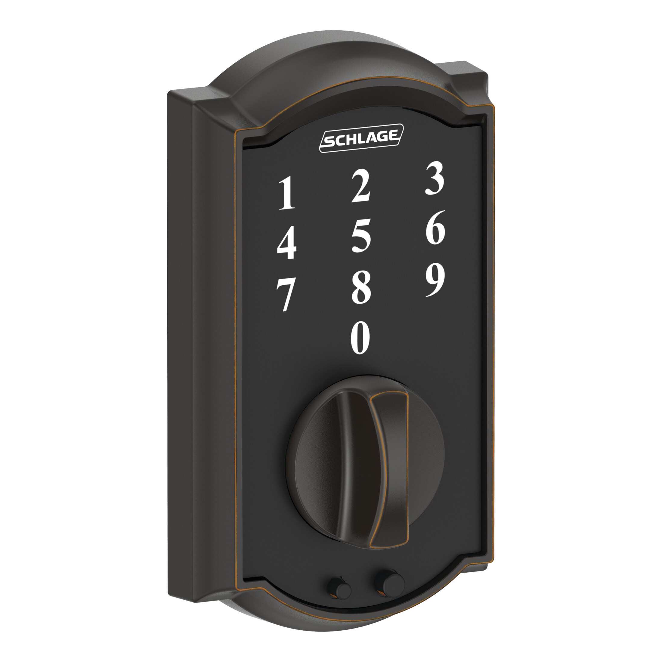 Schlage Camelot Keypad Handleset with Accent Lever Trim Aged