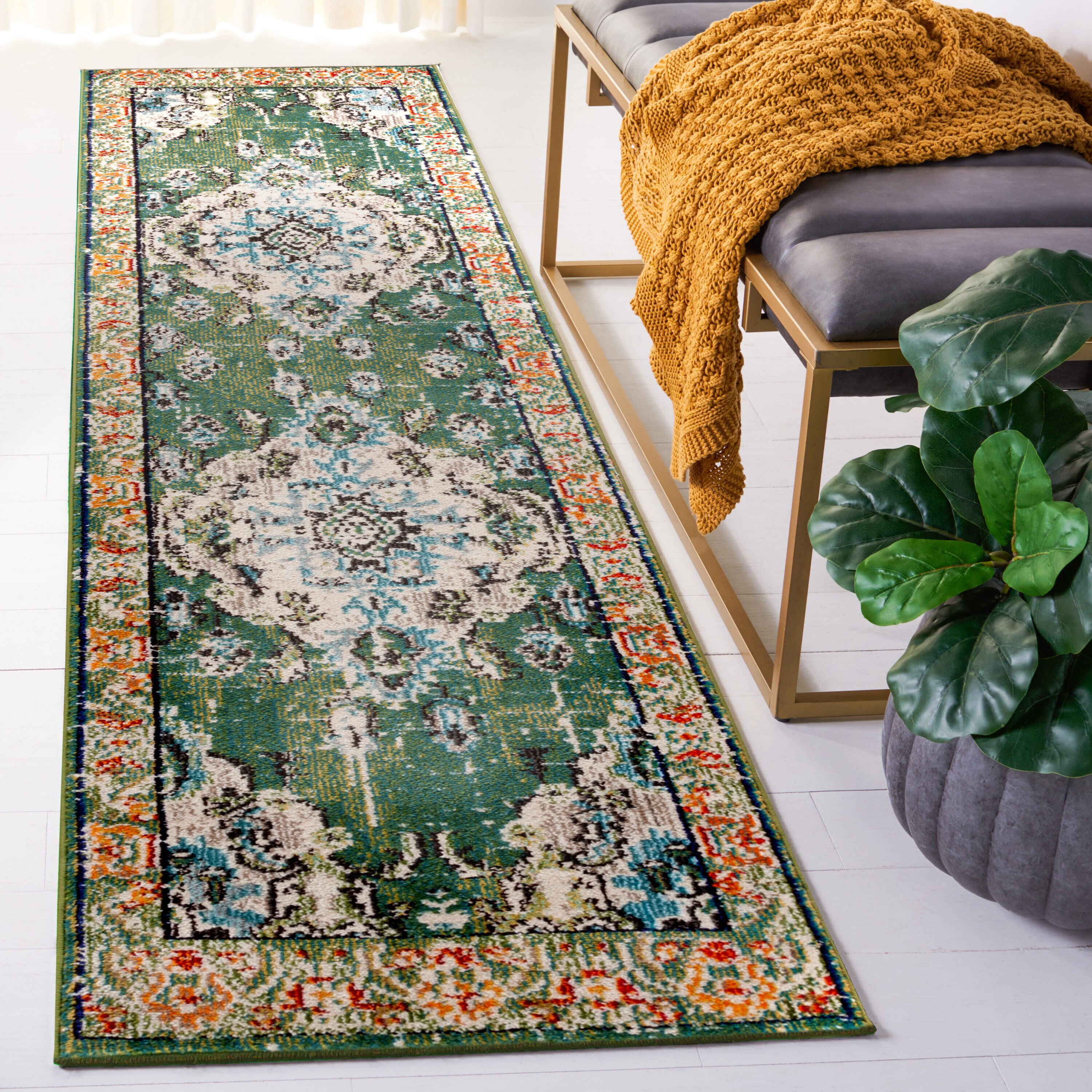 Monaco 243F Forest Green Light Blue 2in-2ft x 12in Rug