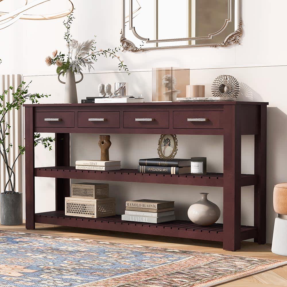 JUJABU ZJCONSOLETABLE-6 Brown Stylish Entryway Console Table with 4 Drawers and 2 Shelves Suitable for Entryways Living Rooms