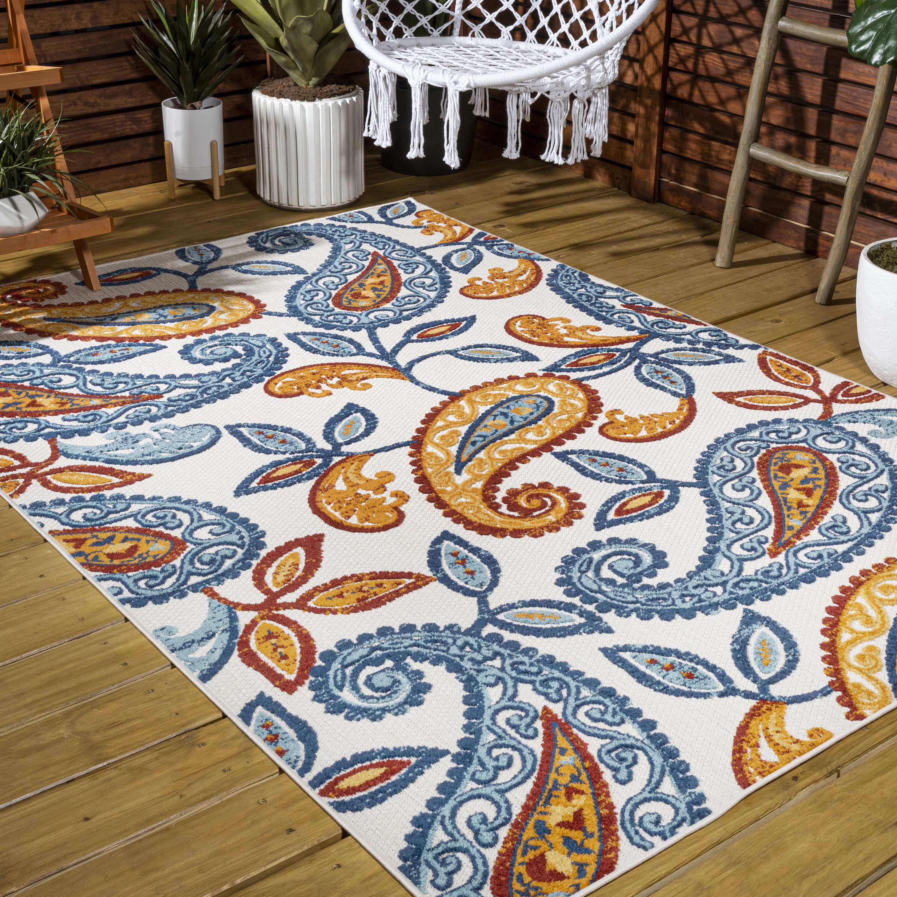 Julien Paisley Orange and Blue Indoor/Outdoor Area Rug