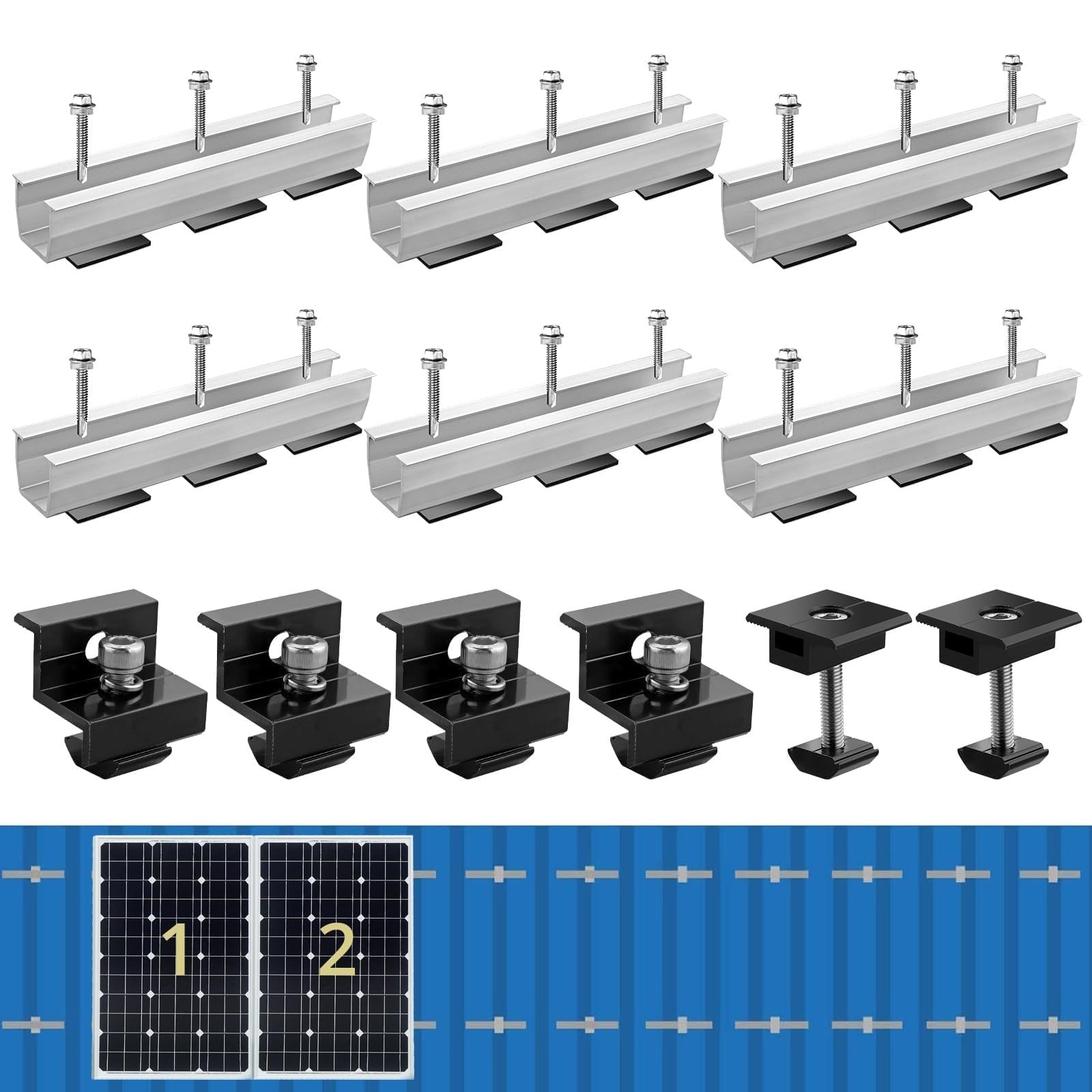 Misopily  6pcs Solar Panel Bracket Kit Aluminum Roof Mounting Kit 7.87 inch Rails 30mm 35mm Mounting Clamps for Metal Tin Flat Sheet Roof