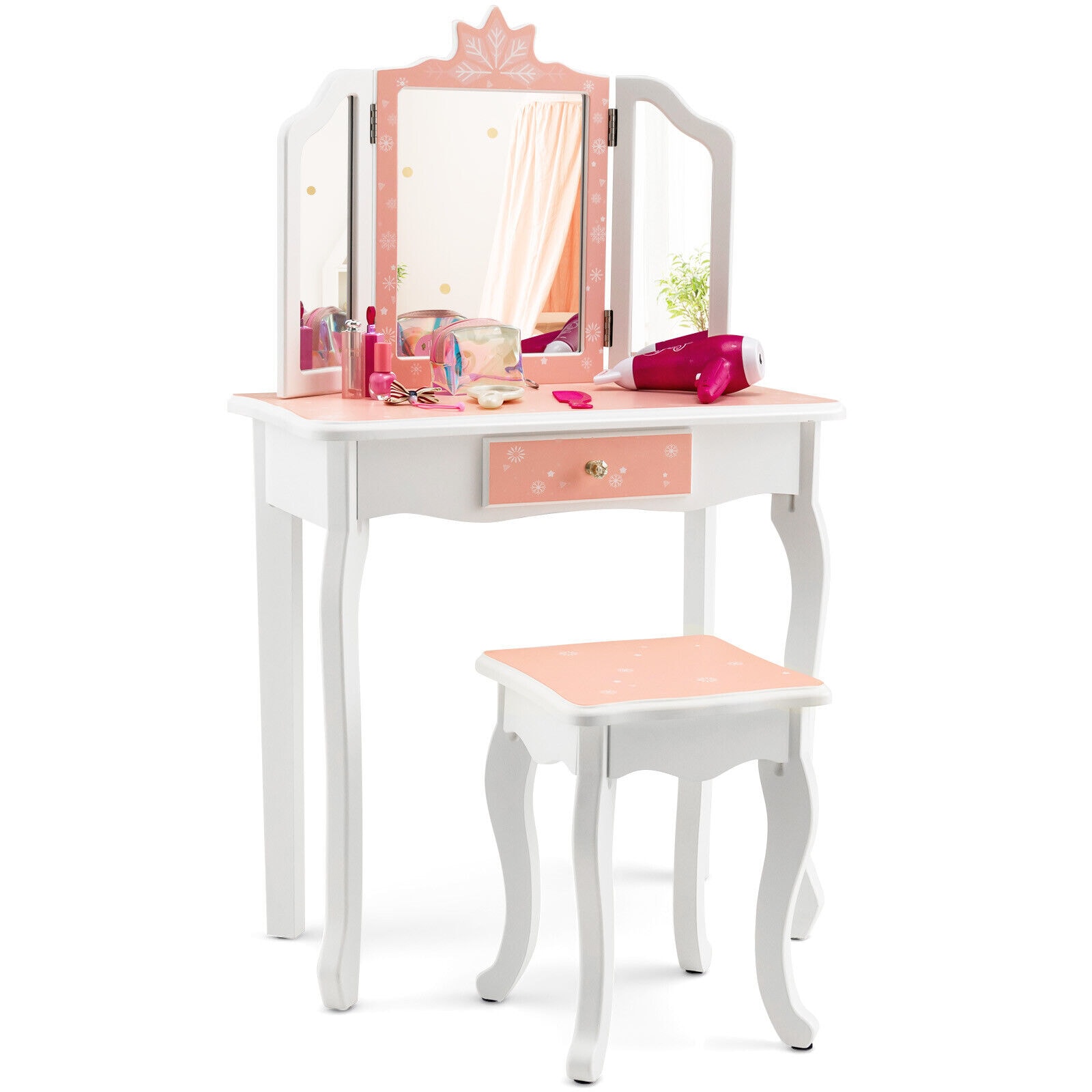 Slickblue D-CO-IP-SU96001YH 23-in Pink/Blue Makeup Vanity with Detachable Top Storage Drawer and Chair for Playroom Kids Bedroom