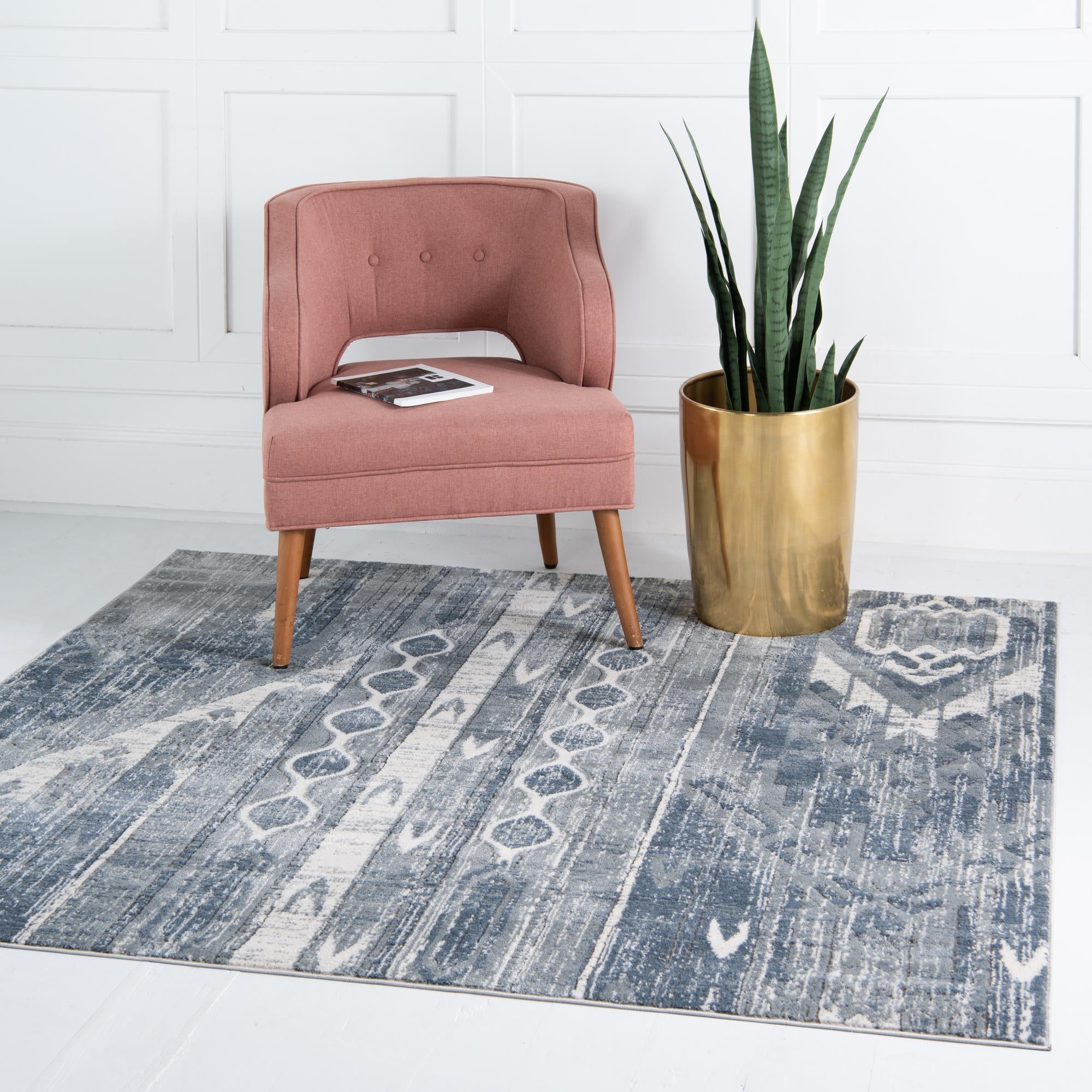 Unique Loom 3147095 Portland 8 x 8 (ft) Loomed Polypropylene Blue Gray Square Indoor Stripe Area rug