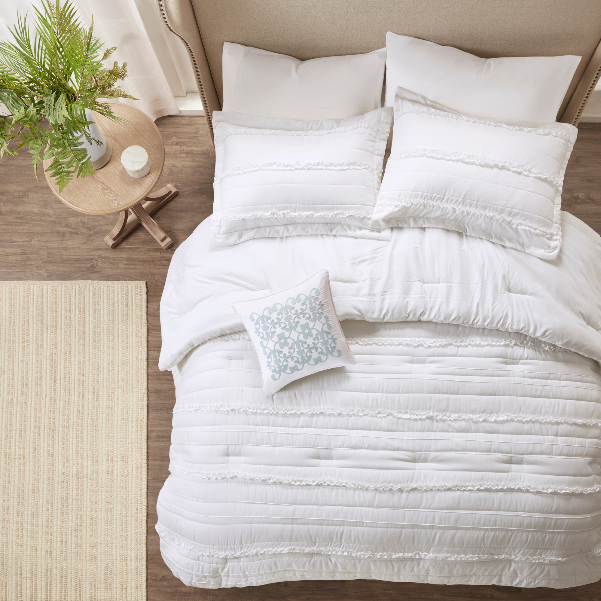 Celeste White Microfiber King Comforter Set with Ruffles